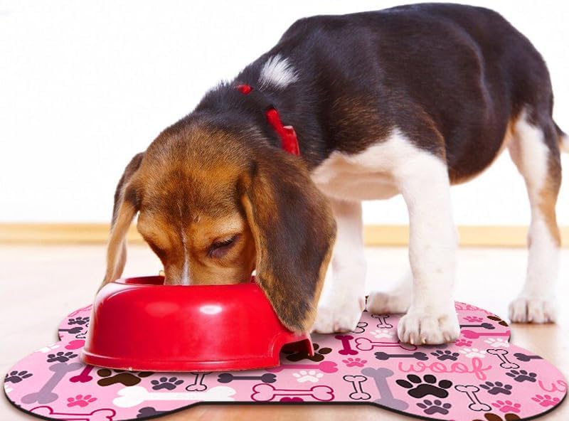 Dog Food Mats for Floors Waterproof, Pet Feeding Absorbent Water Bowl Mat Cat Placemats Pink Bone Shape 19 * 12 inch
