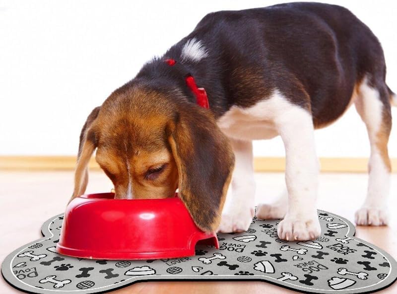 Dog Food Mats for Floors Waterproof, Pet Feeding Absorbent Water Bowl Mat Cat Placemats Gray Bone Shape 19 * 12 inch
