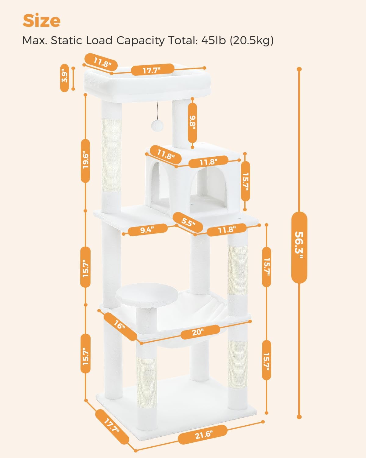 Cat Tree for Large Cats with Metal Plush Big Hammock, 56.3" Cat Tower for Indoor Cats with 2 Door Condo House, 6-Tier Cat Shelves with Scratching Posts and Large Top Perch, Cream White