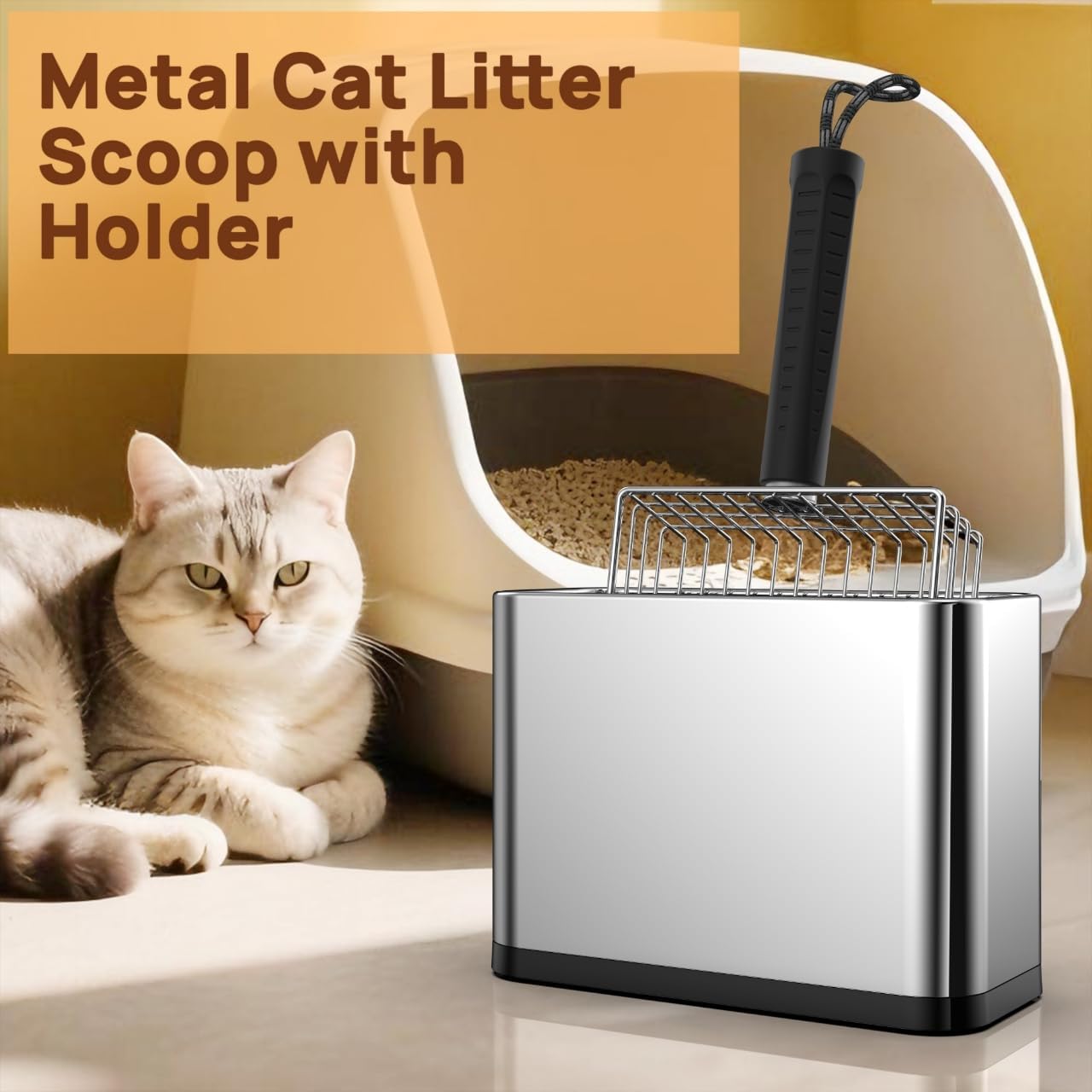 Heavy Duty Stainless Steel Cat Litter Scoop with Holder - Non-Slip Handle, Quick-Sifting Grid & Easy to Clean