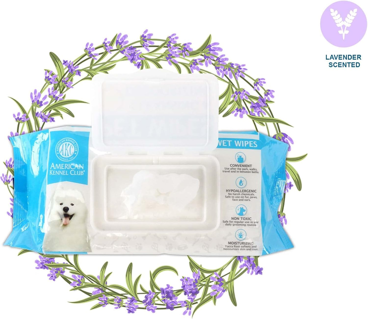 AKC Dog Wipes for Cleansing & Deodorizing Great for Face, Ears, Paws, Body, & Butt - Lavender Scented - 100pk