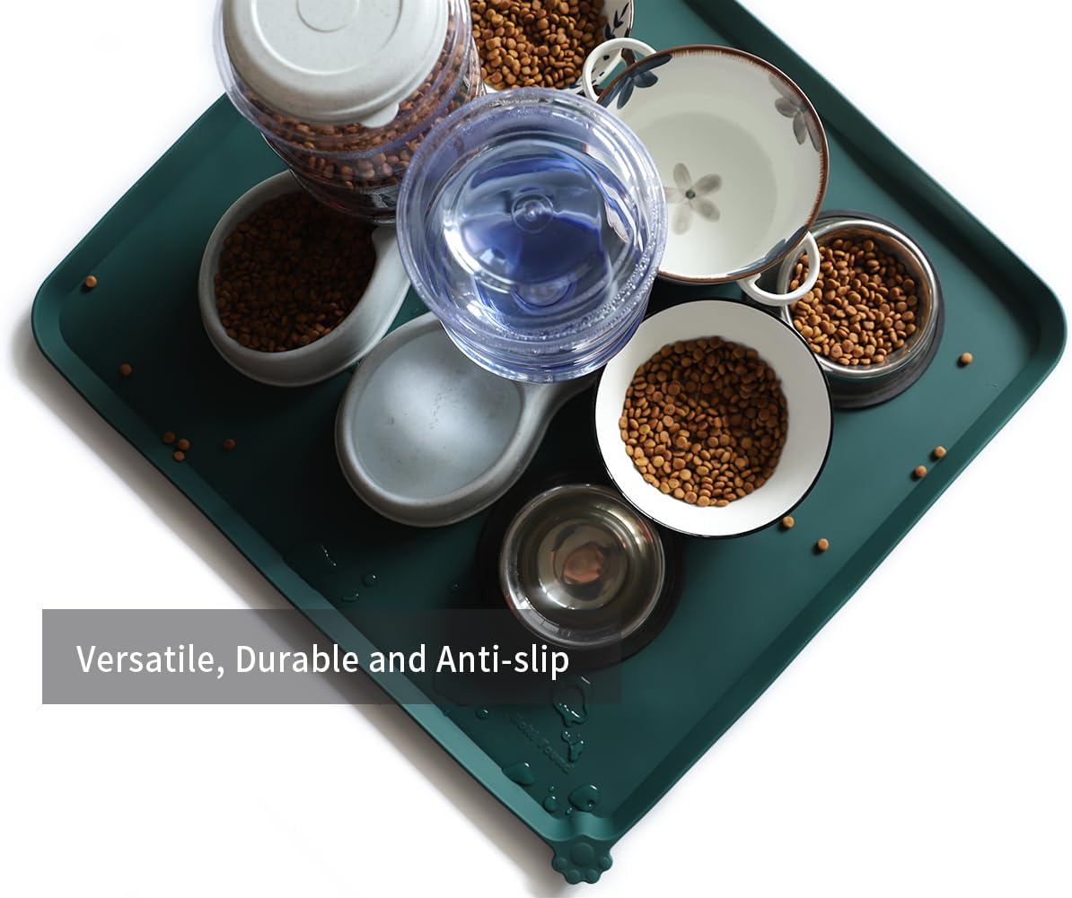 Hoki Found XX-Large Silicone Non Slip Pet Dog Cat Bowl Mats - Placemat for Feeding - Waterproof for Carpet - Dark Cedar