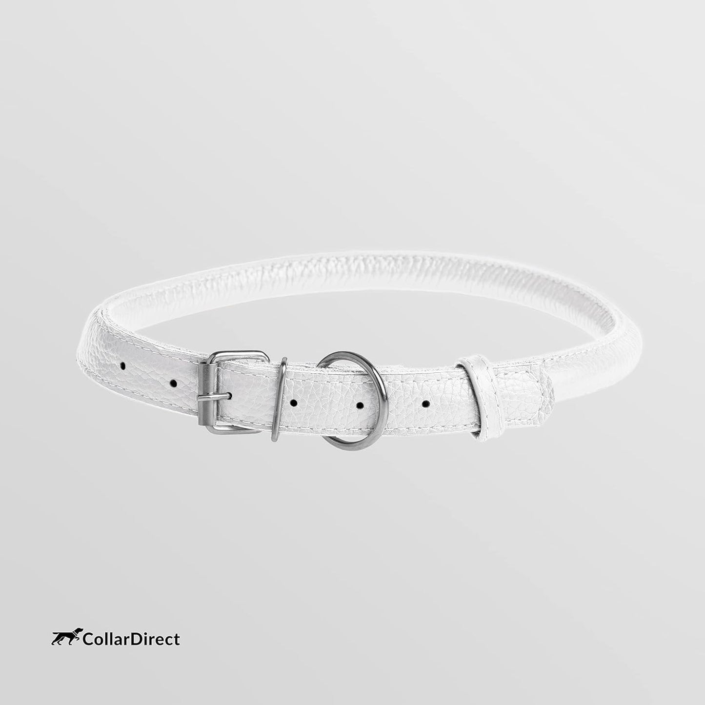 CollarDirect Rolled Leather Dog Collar, Soft Padded Round Puppy Collar, Handmade Genuine Leather Collar Dog Small Large Cat Collars 13 Colors (6 Inch, White Textured)