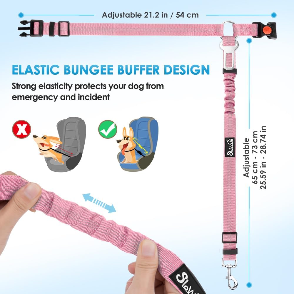 SlowTon Dog Seat Belt for Car, 2 Pack Dog Car Harness Seatbelt Adjustable with Elastic Bungee Buffer, 2 in 1 Pet Car Leash Headrest Restraint Dog Reflective Safety Tether (Pink, Headrest+Clip)