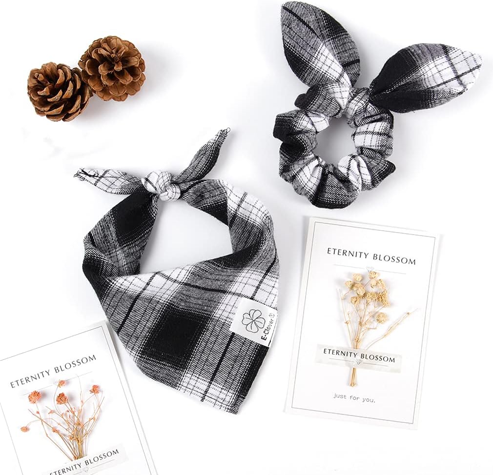 E-Clover Plaid Dog Scarf & Matching Scrunchie Set - Triangle Pet Bandana Bibs for Small Dog Puppy Owner Birthday Gifts - Black & White