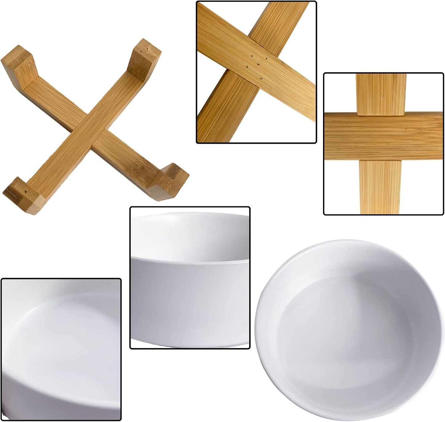 Ceramic Dog Cat Bowl with Wood Stand,Cat Food & Water Bowls Elevated Non-Spill Modern Cute Kitty Dishes Heavy Weighted Round Pet Dishes Set for Kitten Small Cat(White)