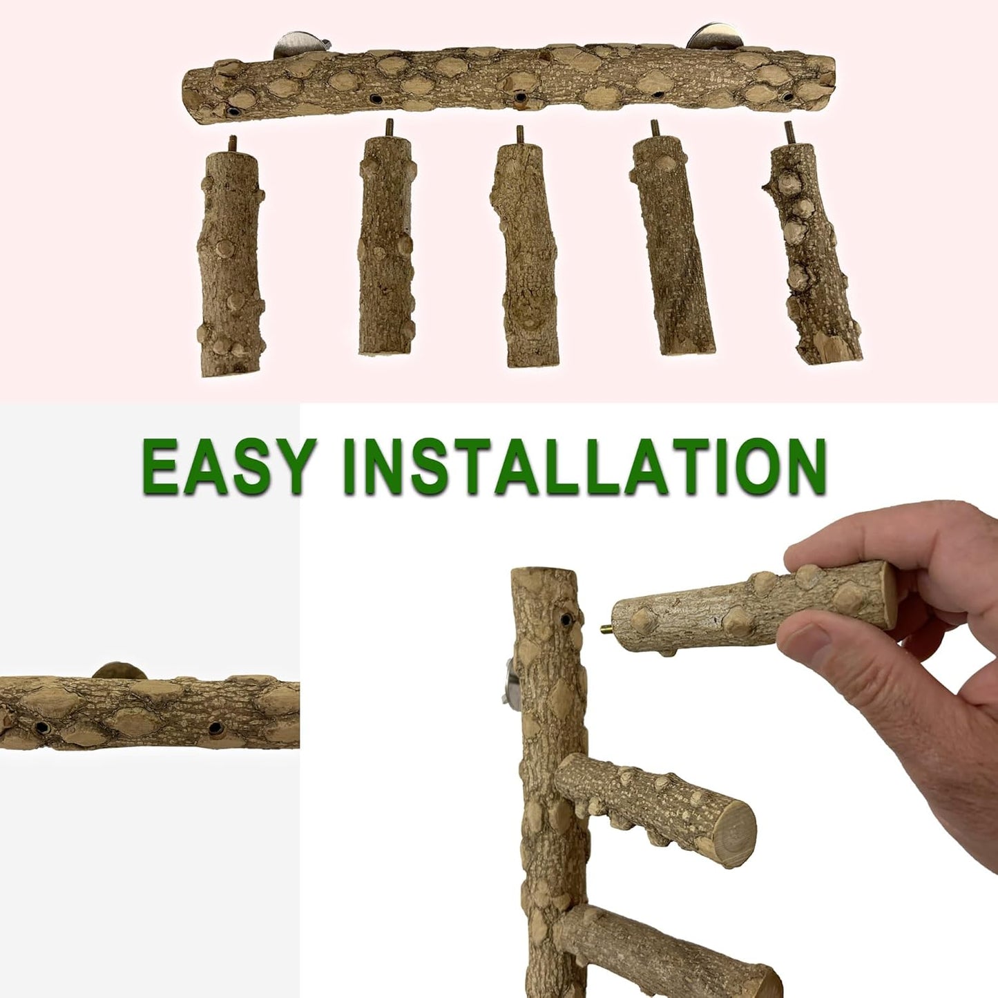 SIMENA Bird Ladder Perch, Natural Wood Parrot Stand, Hamster Climbing Toy, Bird Cage Ladder for Small and Medium Birds, Parakeet, Cockatiel, Conures, Lovebirds, Budgie