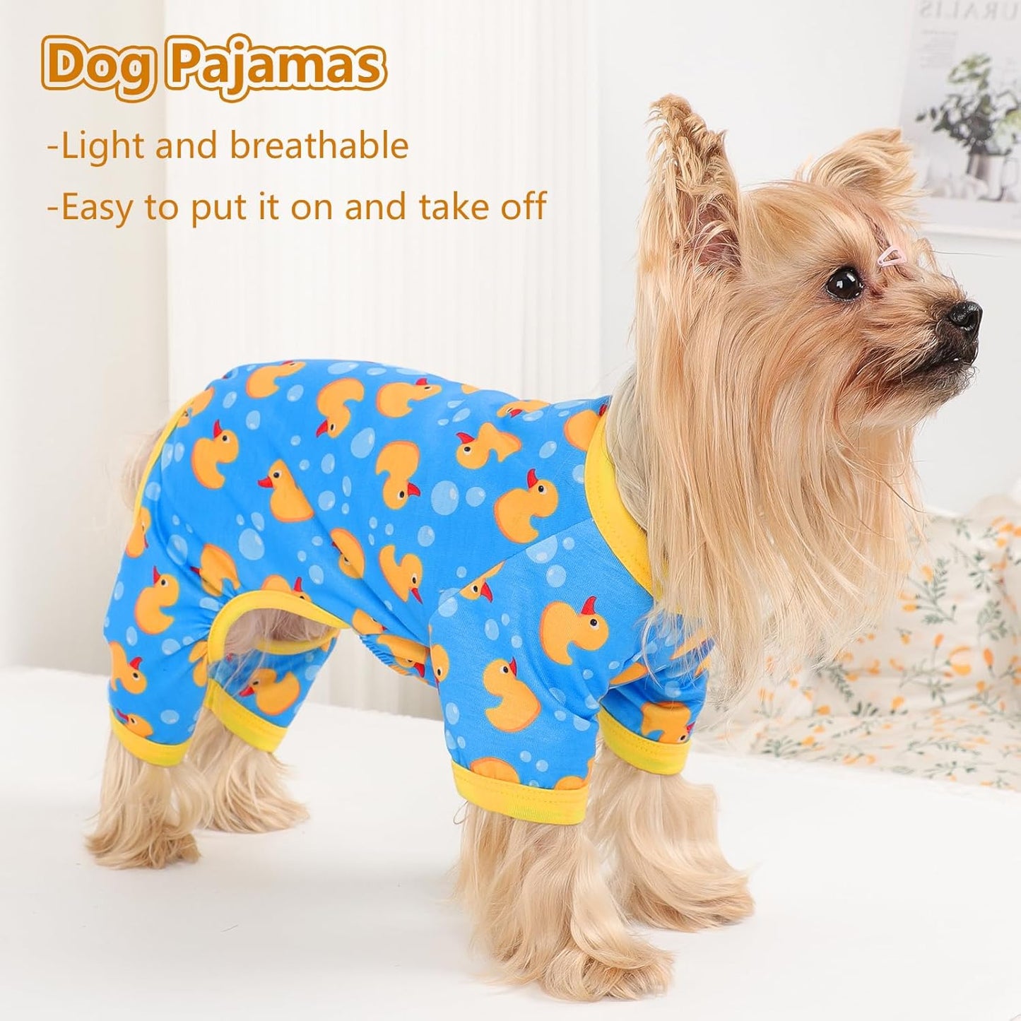 Dog Pajamas Small Sized Dogs Stretchable Summer Dog Clothes Pjs 4 Legs Girl Boy Cute Soft Puppy Outfits Doggie Cat Jammies Jumpsuit Sleeper for Pet, Blue Duck, M