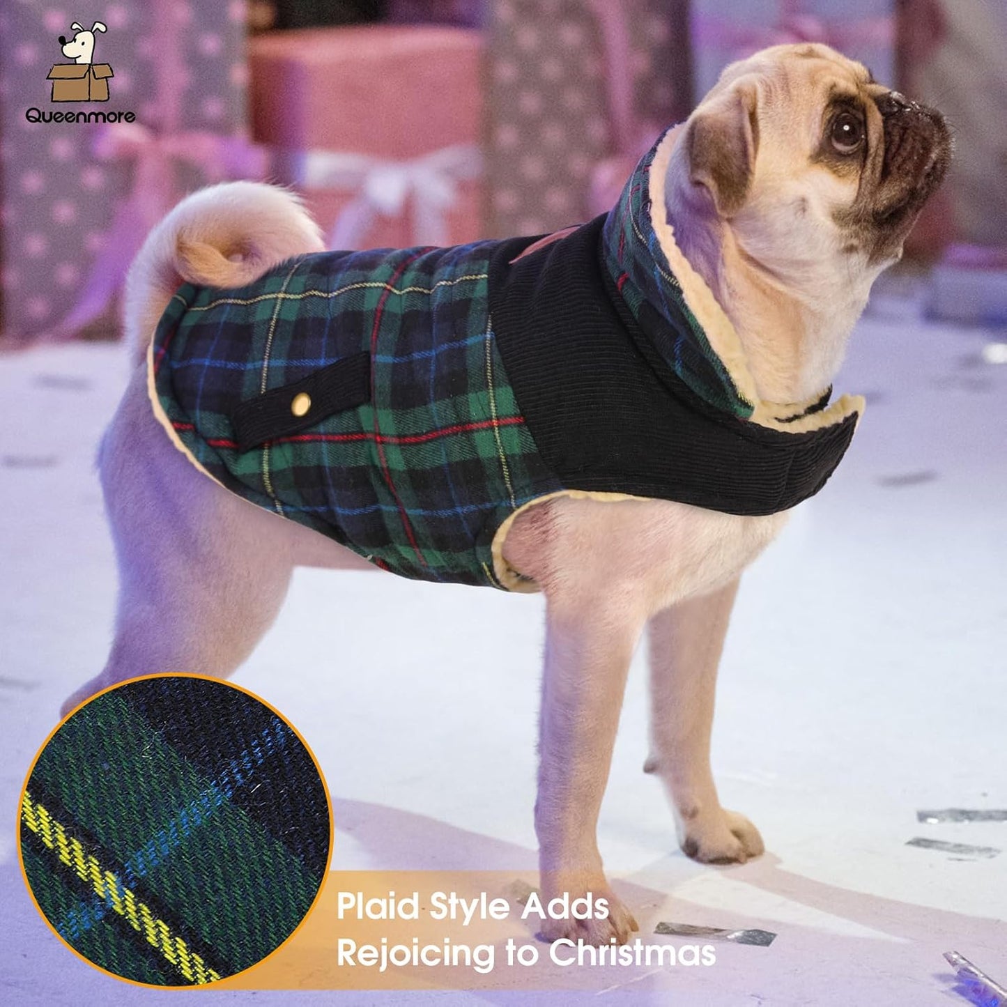 Queenmore Dog Winter Coat Warm Dog Jacket for Cold Weather, Quilting Puffer Plaid Coats for Small/Medium Dogs Waterproof,Girl/Boy Pet Christmas Coat,Pet Snowsuit with Leash Hole/Fleece Padding, XL