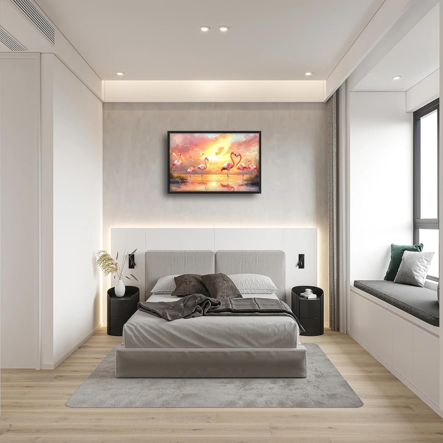 Large Flamingo Wall Art for Living Room, Framed Oversized Sunset Lake Wall Decor Landscape Canvas Painting Pictures Modern Artwork for Living Room Bathroom Bedroom Office Dining Room 36"x24"