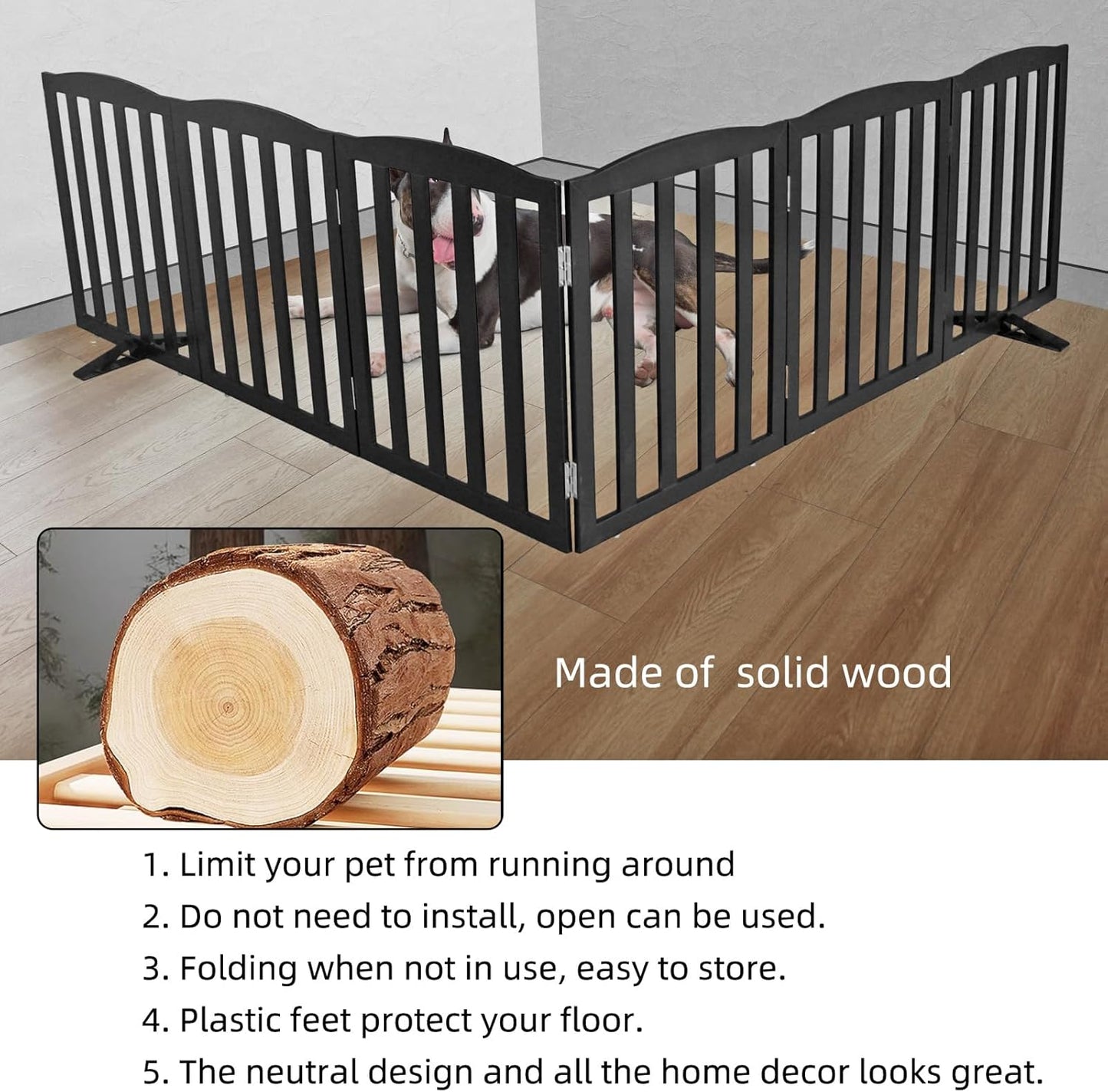 ZJSF Foldable Freestanding Indoor Dog Gate for House Wood White Long Pet Gates Dog Fence for Stairs Puppy Gates for Hallways, Puppy Gate,Support Feet Included, Black, 24 "Height-6 Panels