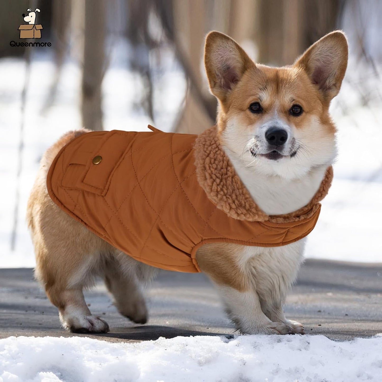 Queenmore Warm Puffer Dog Jacket, Ultra Thick Plush Lining with Storage Pockets (Brown, X-Small)