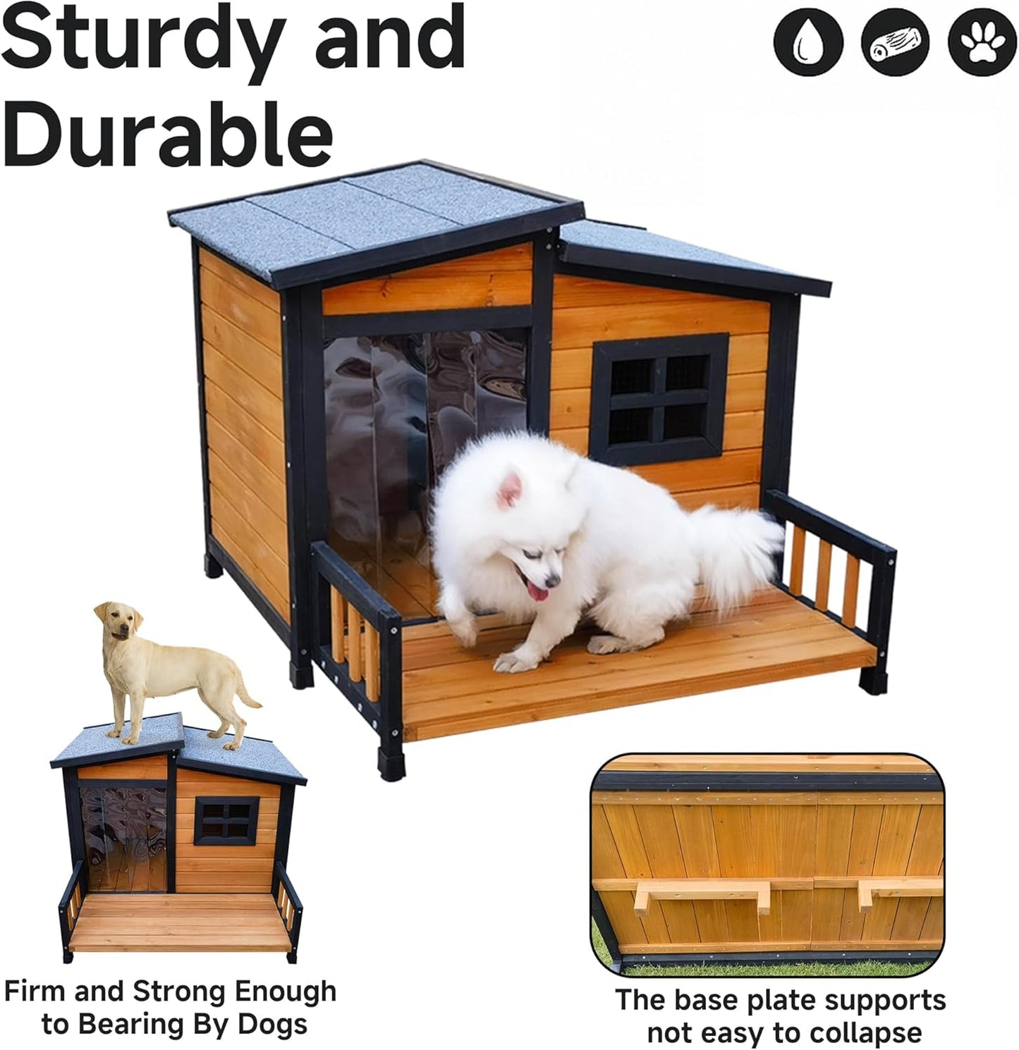 GARWOOD Large Outdoor Indoor Wooden Dog House for Small Large Dog Kennel Wood Sturdy Pet Puppy Warm Home with Durable Weatherproof Asphalt Roof Insulated Elevated Floor Outside Shelter Brown 39x37x30“