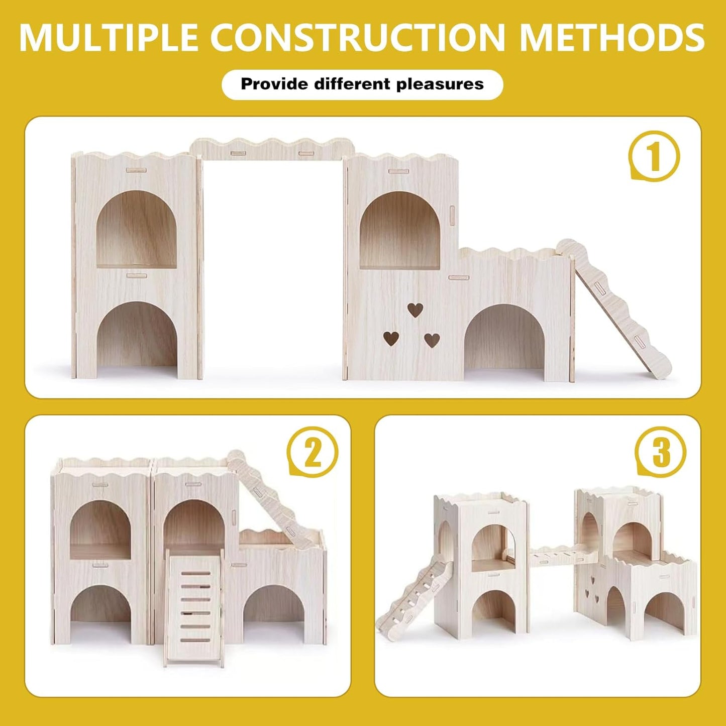 Large Wooden Hamster House Castle with Double Decker,Large Hamster, Wooden Hamster Houses,Dwarf Hamster Habitat Hideout with Climbing Ladder,Large Guinea Pig Castle Detachable Hideouts(D)