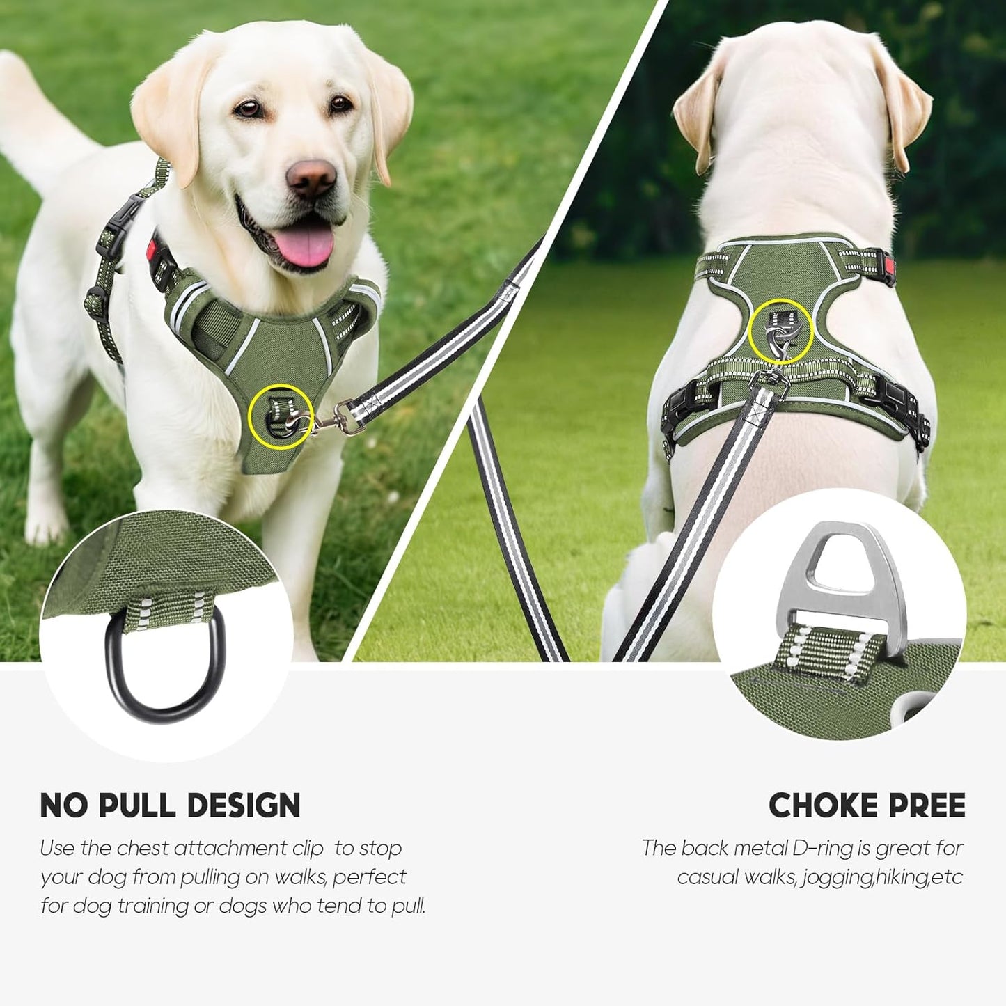 Timos Dog Harness Medium Sized, No Pull Pet Harness with Neck Lockable Snap,No Choke Front Clip Dog Reflective Vest,Adjustable Metal Rings 3 Buckles,Easy Control Handle for Medium Dogs Green M