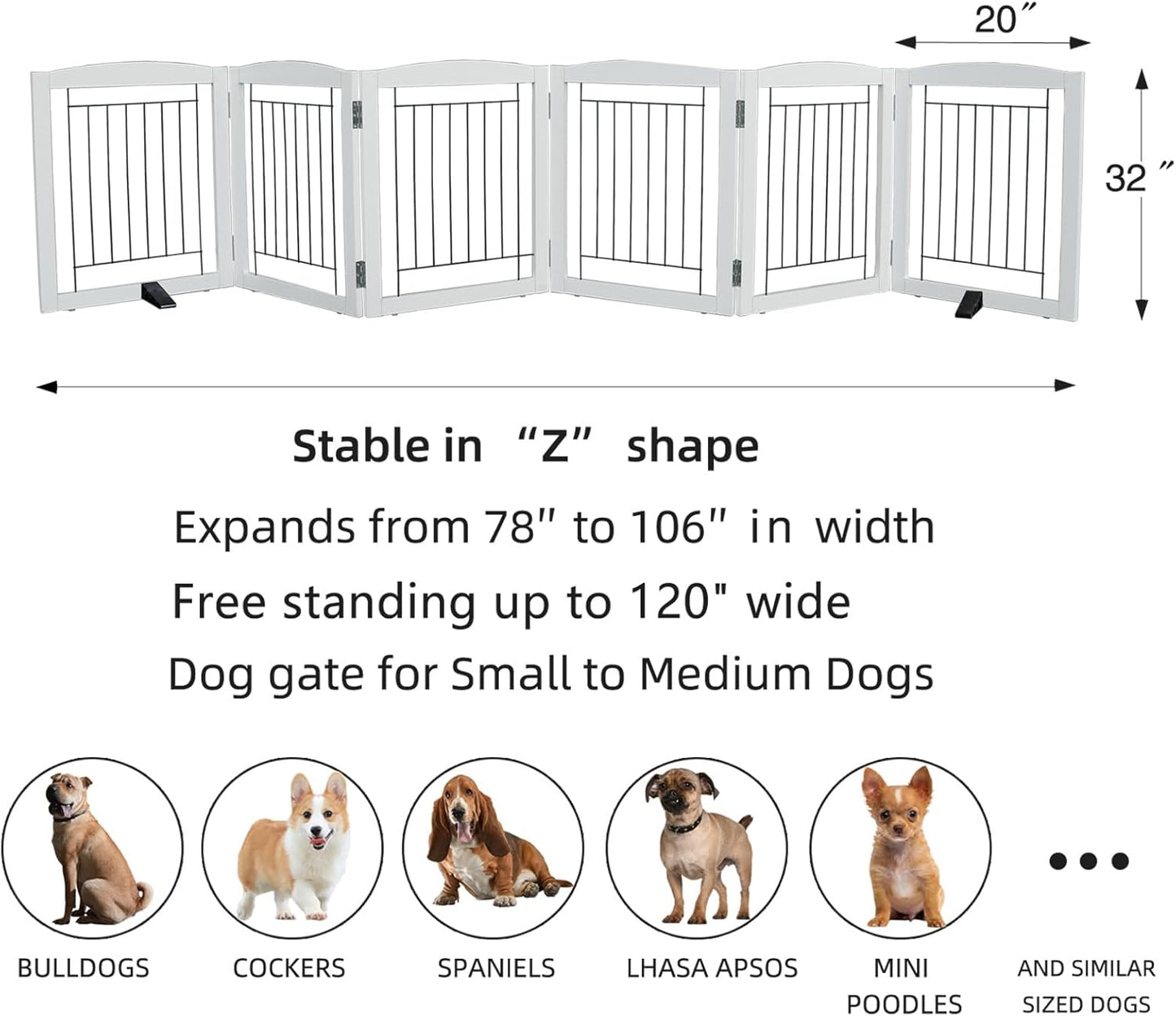 ZJSF Freestanding Dog Fence Indoor, Foldable Dog Gate for Doorways, Stairs or Hallways, Sturdy Wood Extra Wide Pet Gate with Support Feet for The House, White, 32 "Height-6 Panels