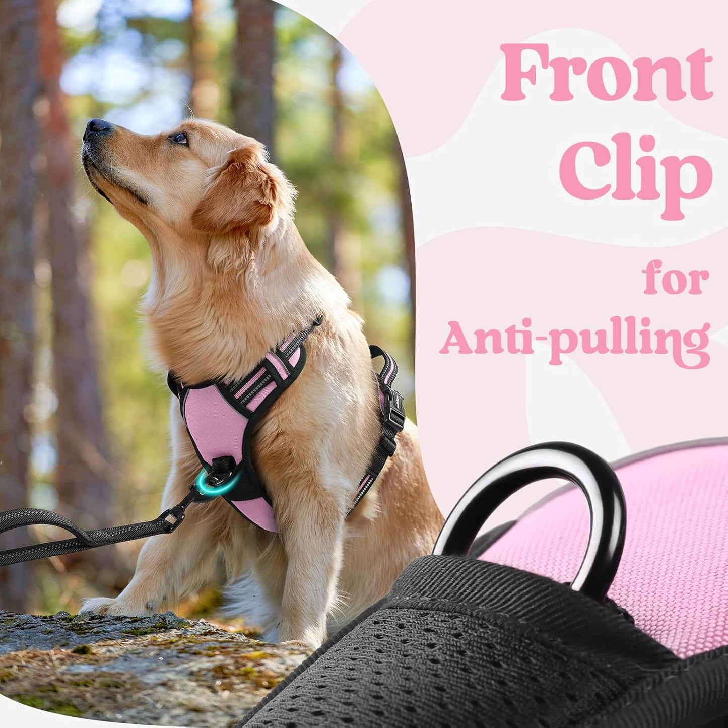 rabbitgoo Dog Harness for Large, No Pull Pet Harness with 3 Buckles, Adjustable Soft Padded Vest with Control Handle, Walking Reflective Pet Vest for Large Dogs, Pink, L