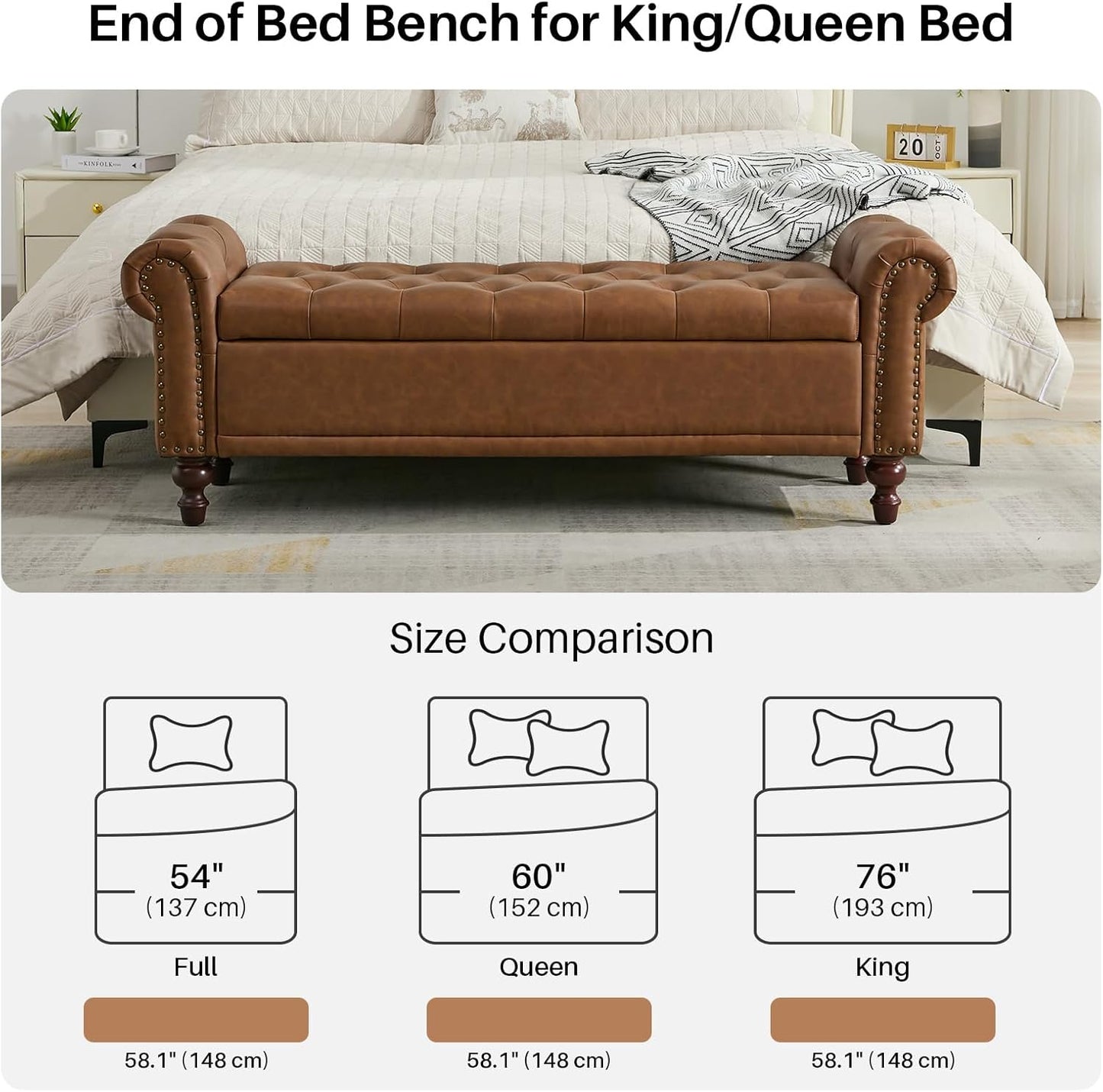 58.1'' Storage Bench Upholstered PU Leather End of Bedroom Bed Bench Ottoman with Tufted Cushioned Rolled Arm Large Storage Space for Reading Living Room Entryway, Brown