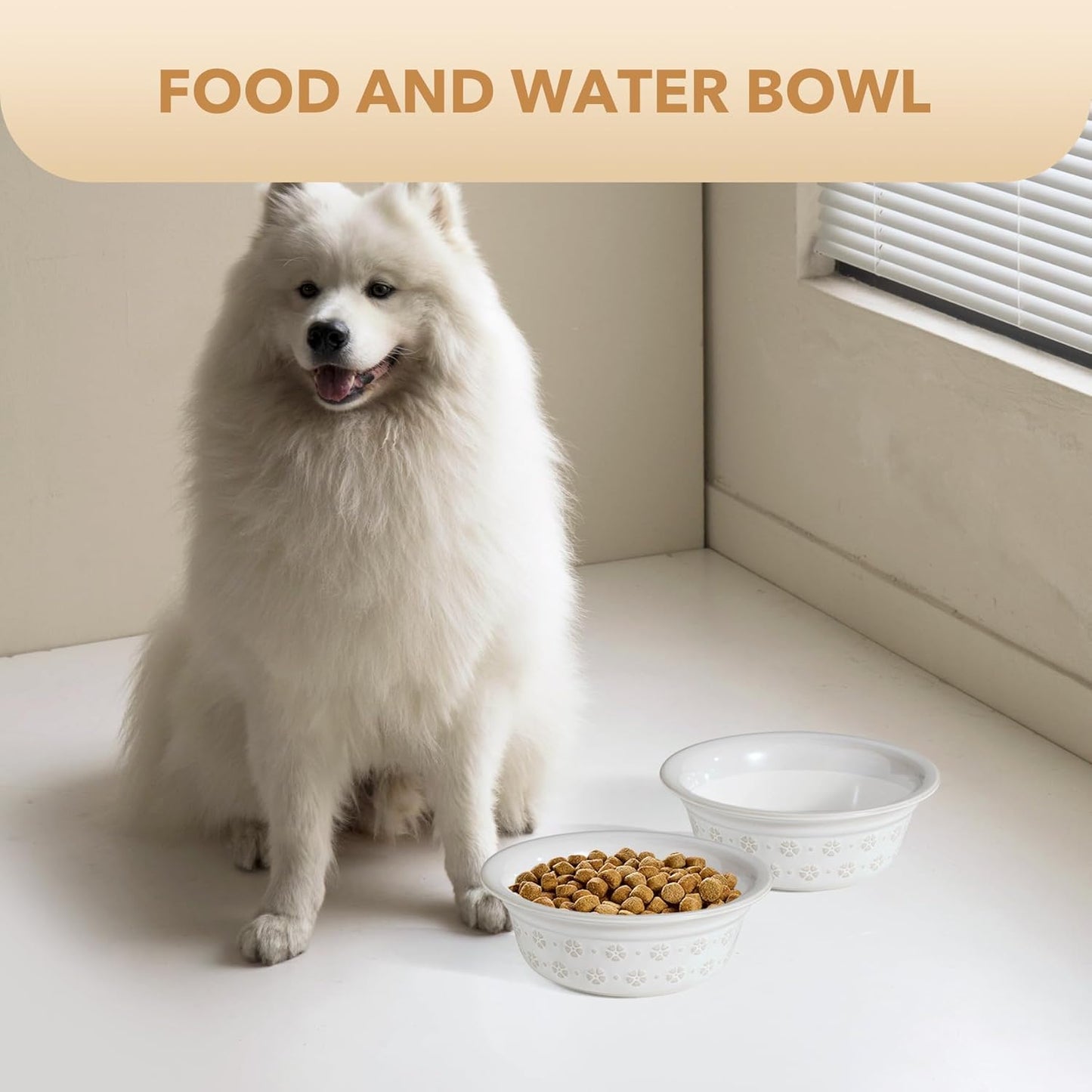 Ceramic 8.7inch Dog Bowl for Large Dog, Basic Food and Water Bowl for Replacement, Wide Opening Rounded Edge(Single Bowls, Reactived Glaze -White)