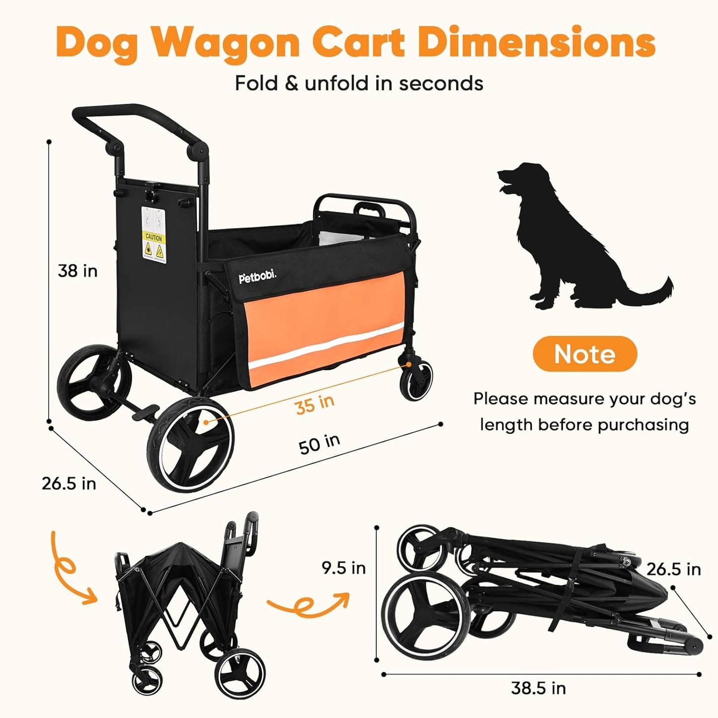 Petbobi Dog Wagon Stroller for Large & Medium Dogs - 2-in-1 Push-Pull Pet Stroller with Ramp, Foldable All Terrain Wagon Cart, One-Step Brake, Suitable for Outdoor Walks & Camping, Orange