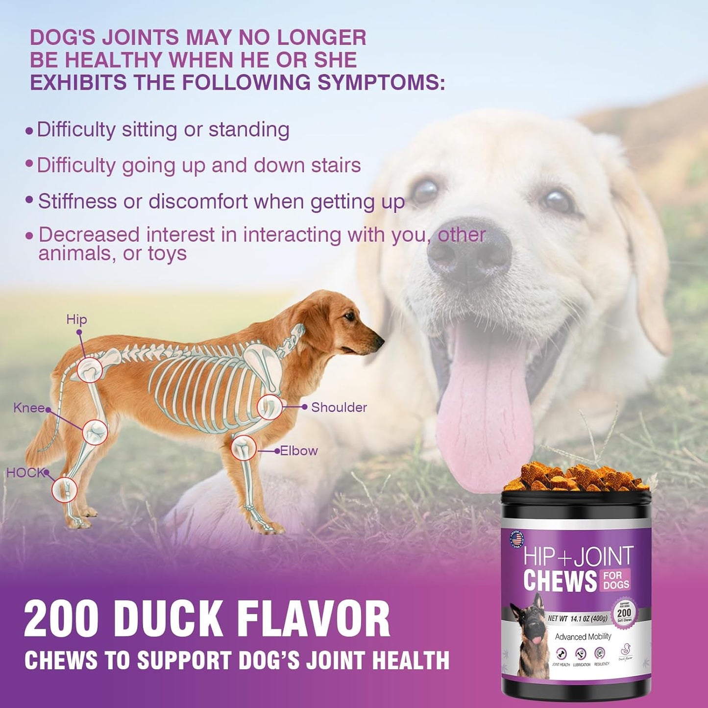 Glucosamine for Dogs 200pcs Joint Support Supplement Dog Hip and Joint Chondroitin Chews Treats with MSM Hemp Dog Joint Pain Relief Mobility Supplements Duck Flavor Fit All Large Small Medium Breed