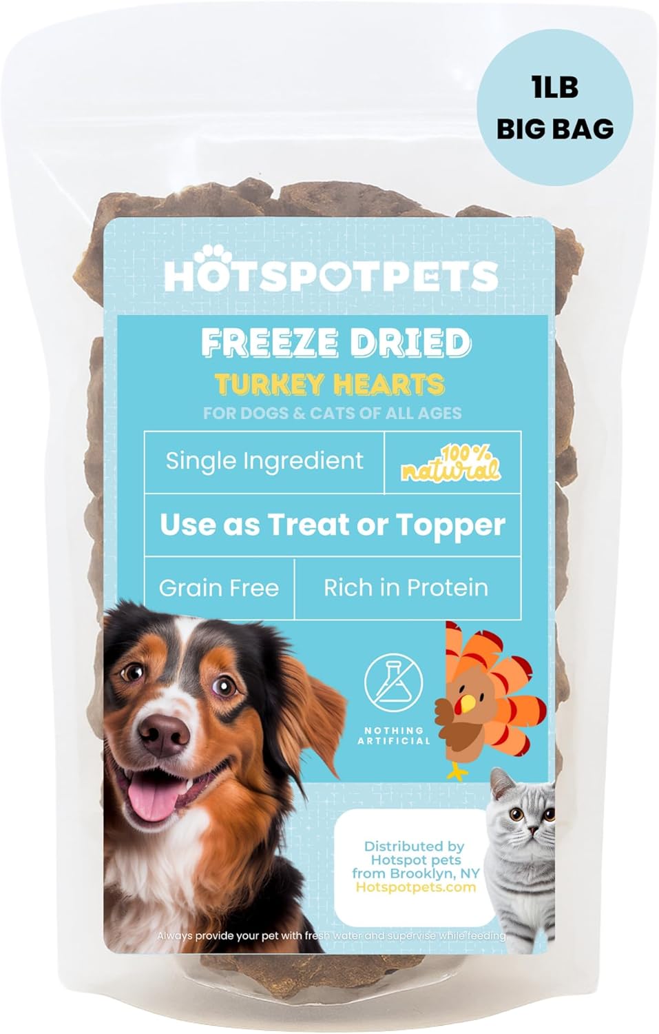 hotspot pets Freeze Dried Turkey Hearts Treats for Cats & Dogs -Made in USA, 1lb Big Bag, Single Ingredient All Natural Grain-Free Turkey Heart - Great for Training, As a Topper or Snack