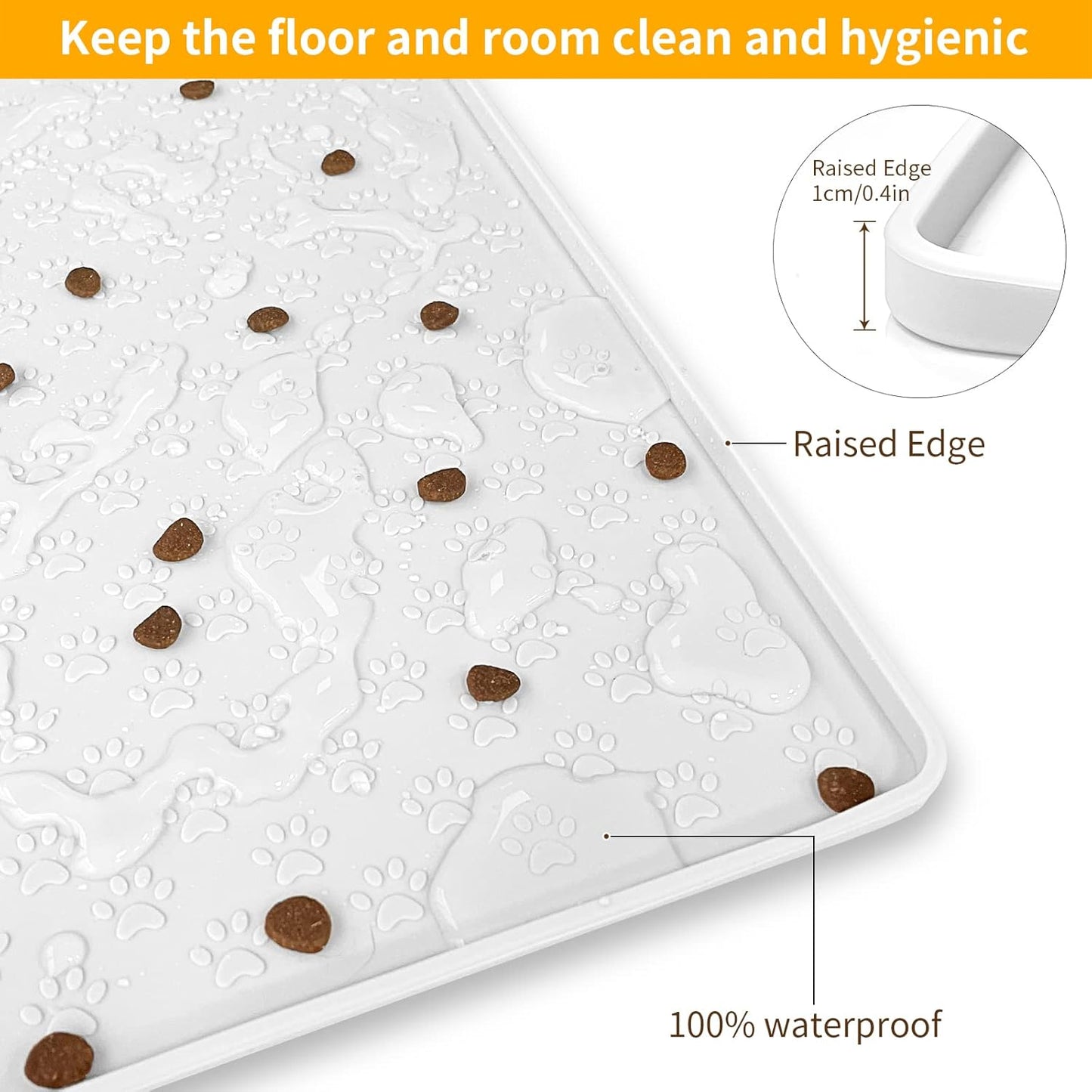 Ptlom Pet Placemat for Dog and Cat, Waterproof Silicone Pet Feeding Bowl Mats for Food and Water, Small Medium Large Dogs Mat Prevent Residues from Spilling to Floor, White, 24.5" 16.5"