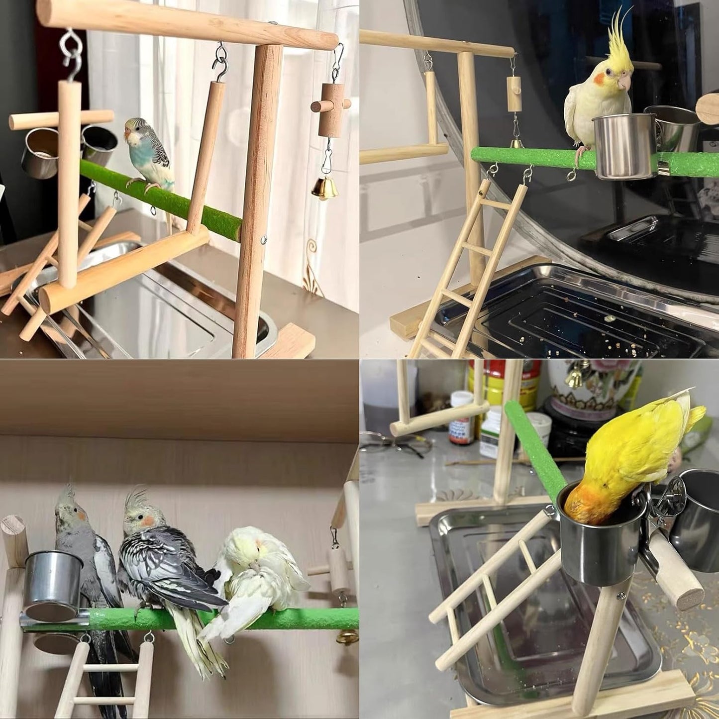 Birds Playground Parrot Playstand Birds Perch Stand Gym Natural Wood Play Stand with Ladder Swing Feeder Cups for Parakeets Cockatiels Lovebirds Conures Budgies