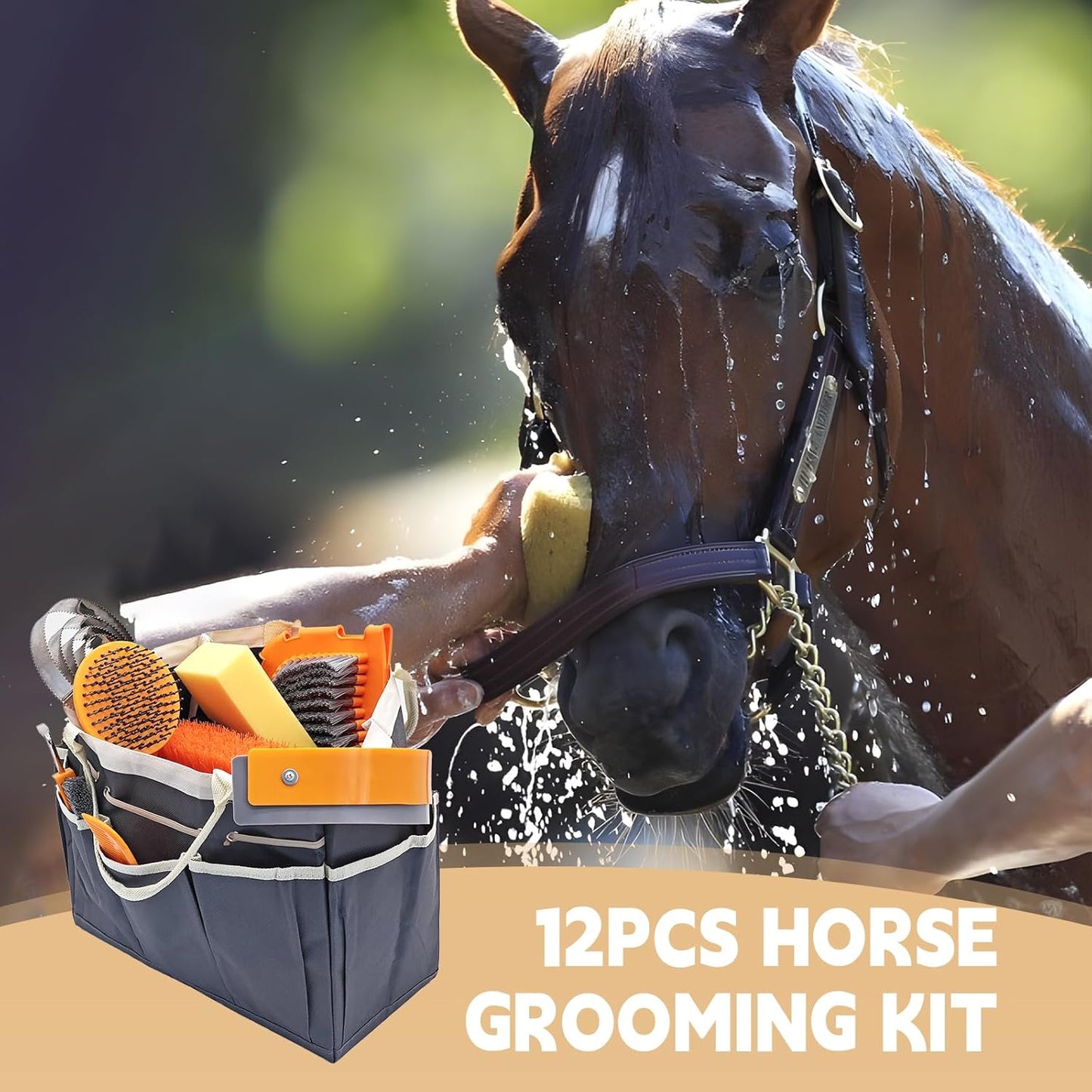 Horse Grooming Kit, Horse Grooming Supplies Includes 12 Horse Hair Care Tools Such as Handbag, Horse Brush, Horse Comb, Hoof Pick, Sweat Scraper, Etc., Suitable Gifts for Horse Riding Enthusiasts