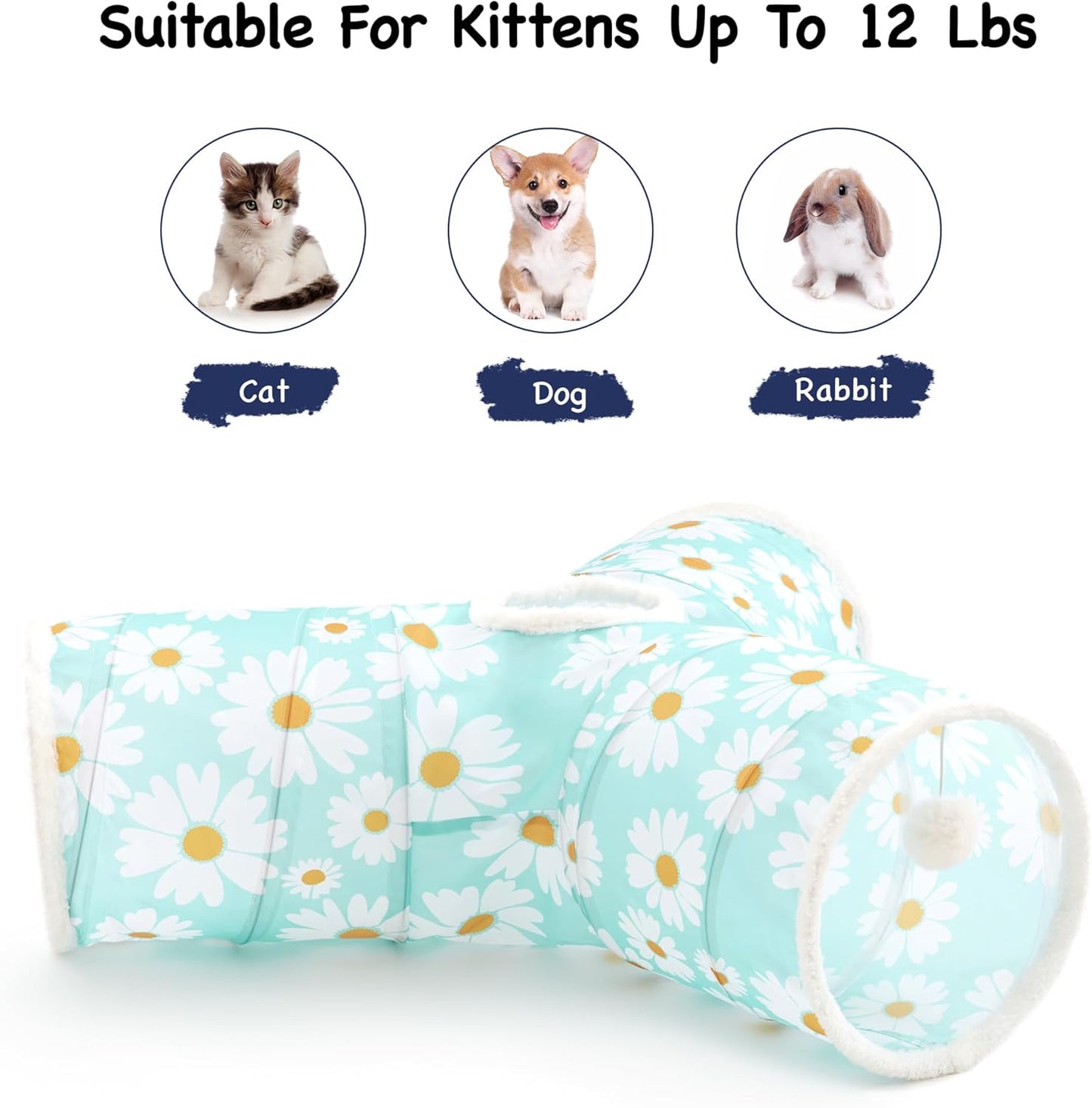 Tempcore Pet Cat Tunnel Tube Cat Toys 3 Way Collapsible, Cat Tunnels for Indoor Cats,Kitty Tunnel Bored Pet Toys Peek Hole Toy Ball, Puppy, Kitty, Kitten, Rabbit Daisy Blue Printed