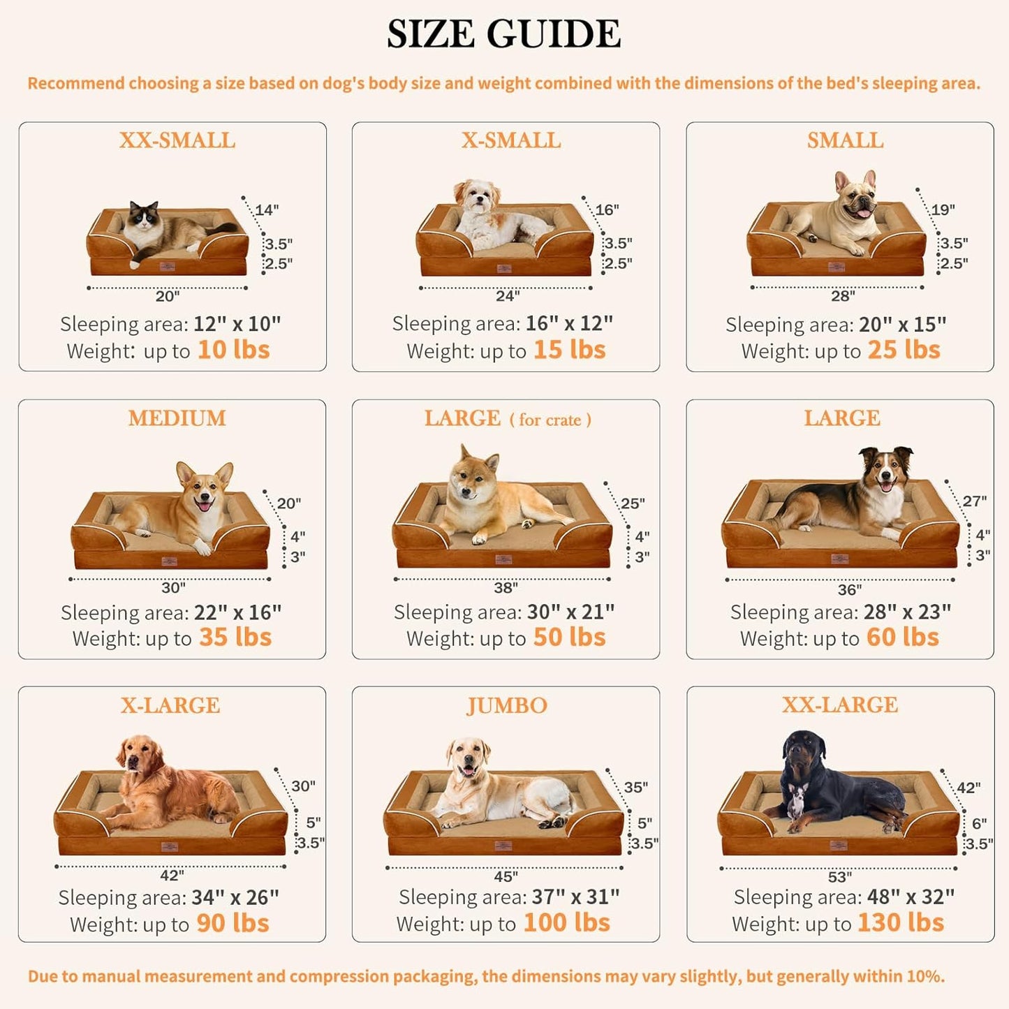 Comfort Expression Large Dog Beds Orthopedic Foam, Waterproof Dog Beds for Large Sized Dogs, Comfy Washable Pet Bed Sofa with Removable Cover & Non-Slip Bottom(Caramel)
