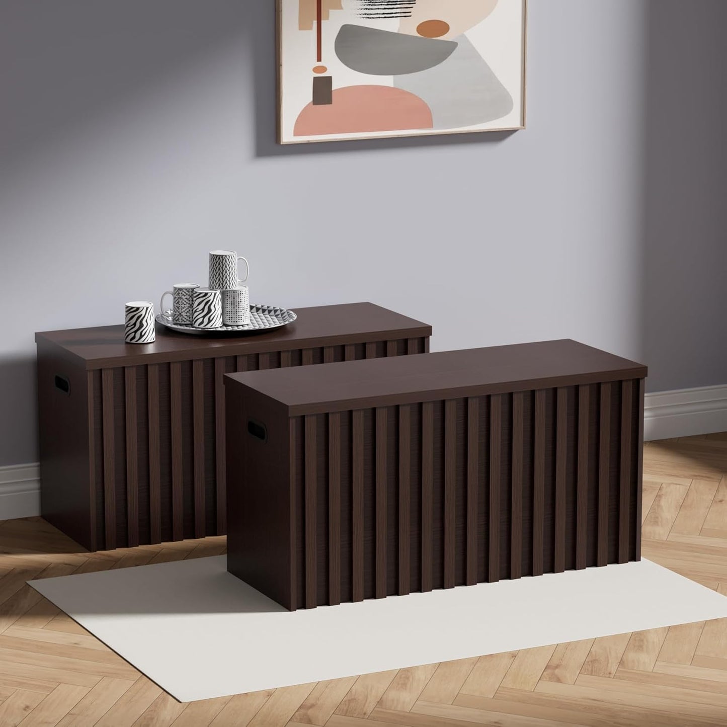 UEV Storage Bench Set of 2, 39.4" Wood Storage Trunk with 2 Safety Hinges, Sturdy Storage Chest, Fluted Wood Leg, Walnut