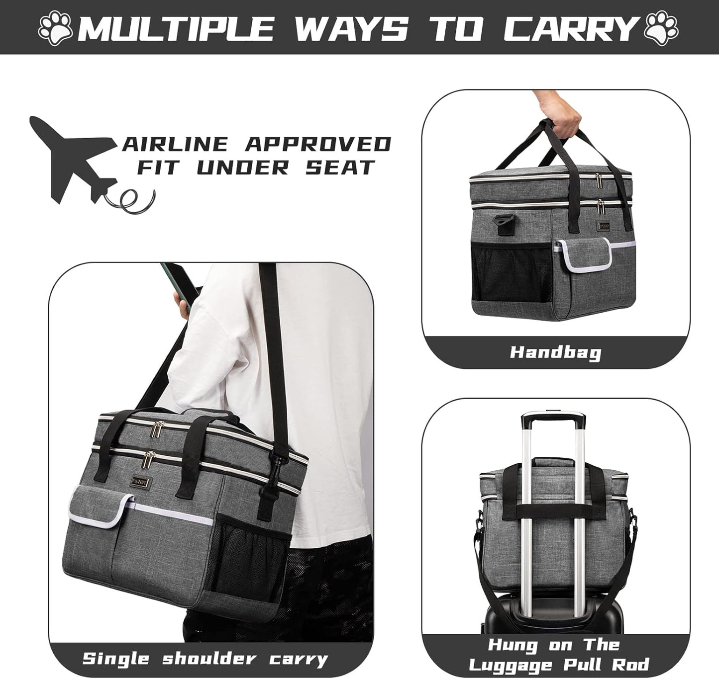 BAGLHER Dog Travel Bag for Supplies - Double-Layer Airline Approved Weekend Pet Travel Organizer Set for Dog and Cat Tote with 2 Pet Food Containers and 2 Collapsible Silicone Bowls Grey