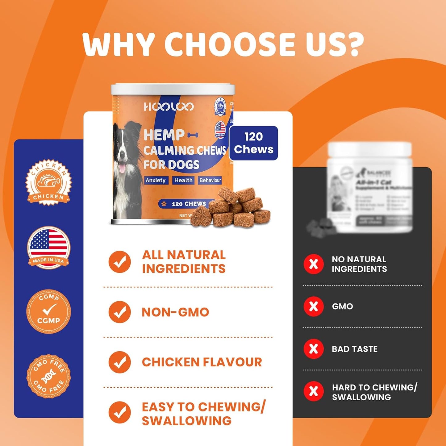 HOOLOO Calming Chews for Dog Anxiety Relief-Natural Puppy Calming Treats Help Manage Stress and Promote Relaxation,Made in USA-120 Chews