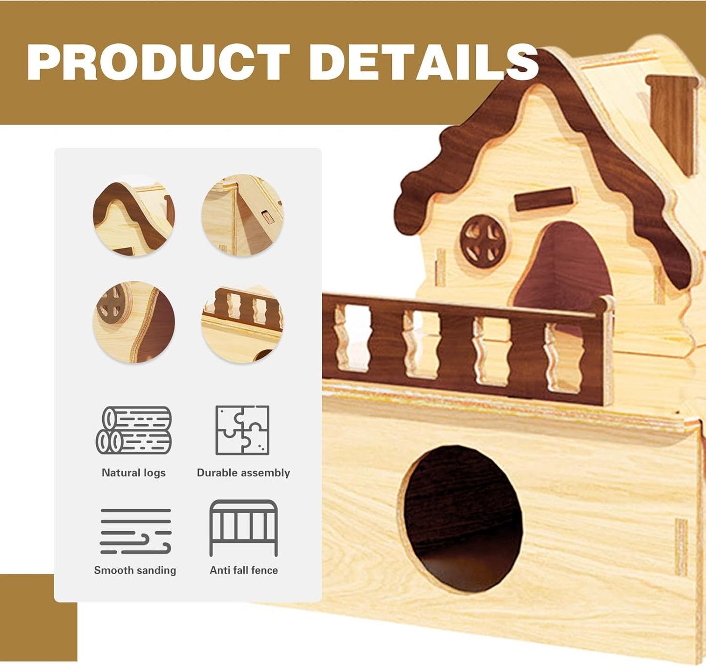 Wooden Hamster Platform and Dwarf Hamster House,Cute Syrian Hamster Tiny House Hideout,Large Balcony Lookout Holes,for Dwarf Gerbils and Mouse Mice Rat Other Small Animals(E)