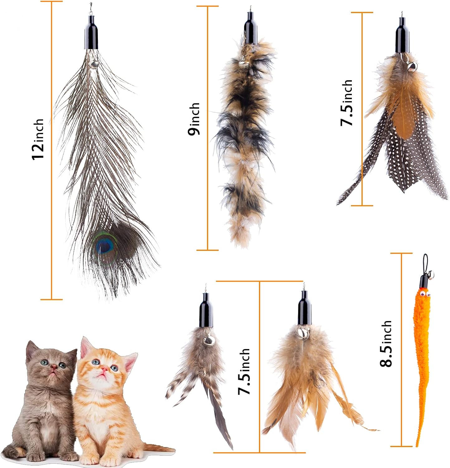 Retractable Cat Wand Toys - Interactive Feather Wand with Bell for Indoor/Outdoor Cats, 8 Pack