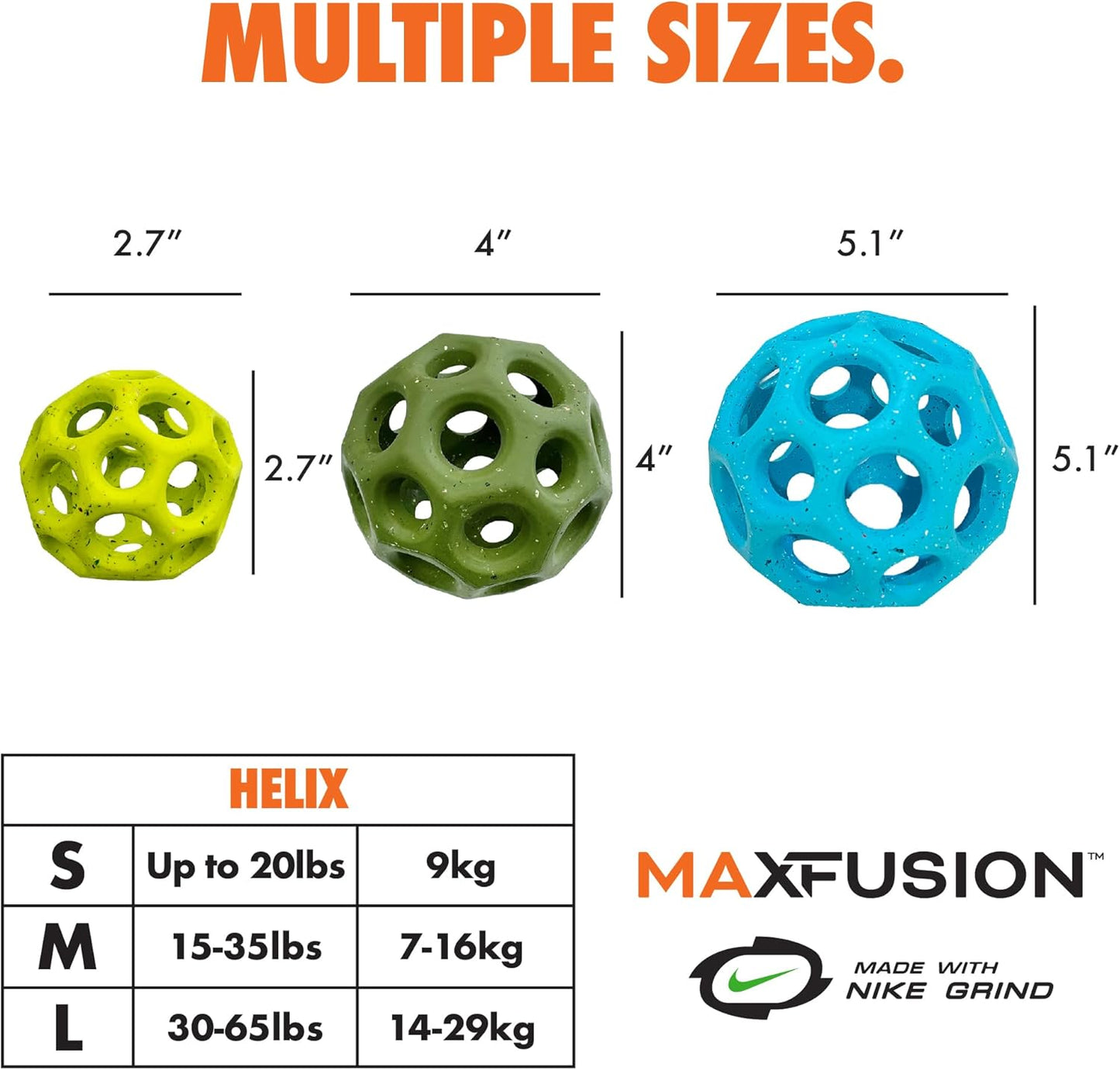 Max Fusion with Nike Grind, Arlee Helix Dog Toy, Chew Toy for Play, Fetch, Tug, L