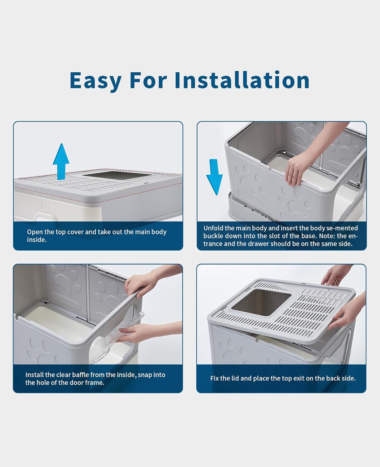 Cat Litter Box with Litter Mat and Scoop, Large Foldable Litter Box with Lid, Front Entry Top Exit Kitty Box, Odor Control, Easy to Clean (Grey)