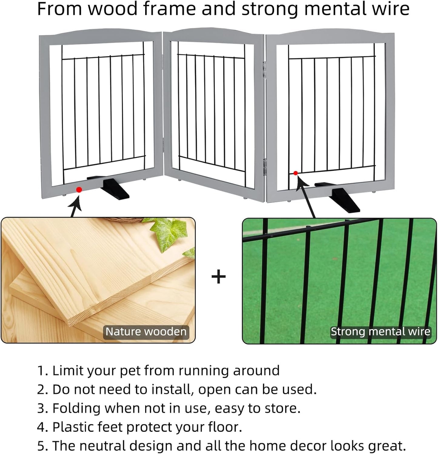 ZJSF Freestanding Dog Fence Indoor, Foldable Dog Gate for Doorways, Stairs or Hallways, Sturdy Wood Extra Wide Pet Gate with Support Feet for The House, Grey, 24 "Height-3 Panels