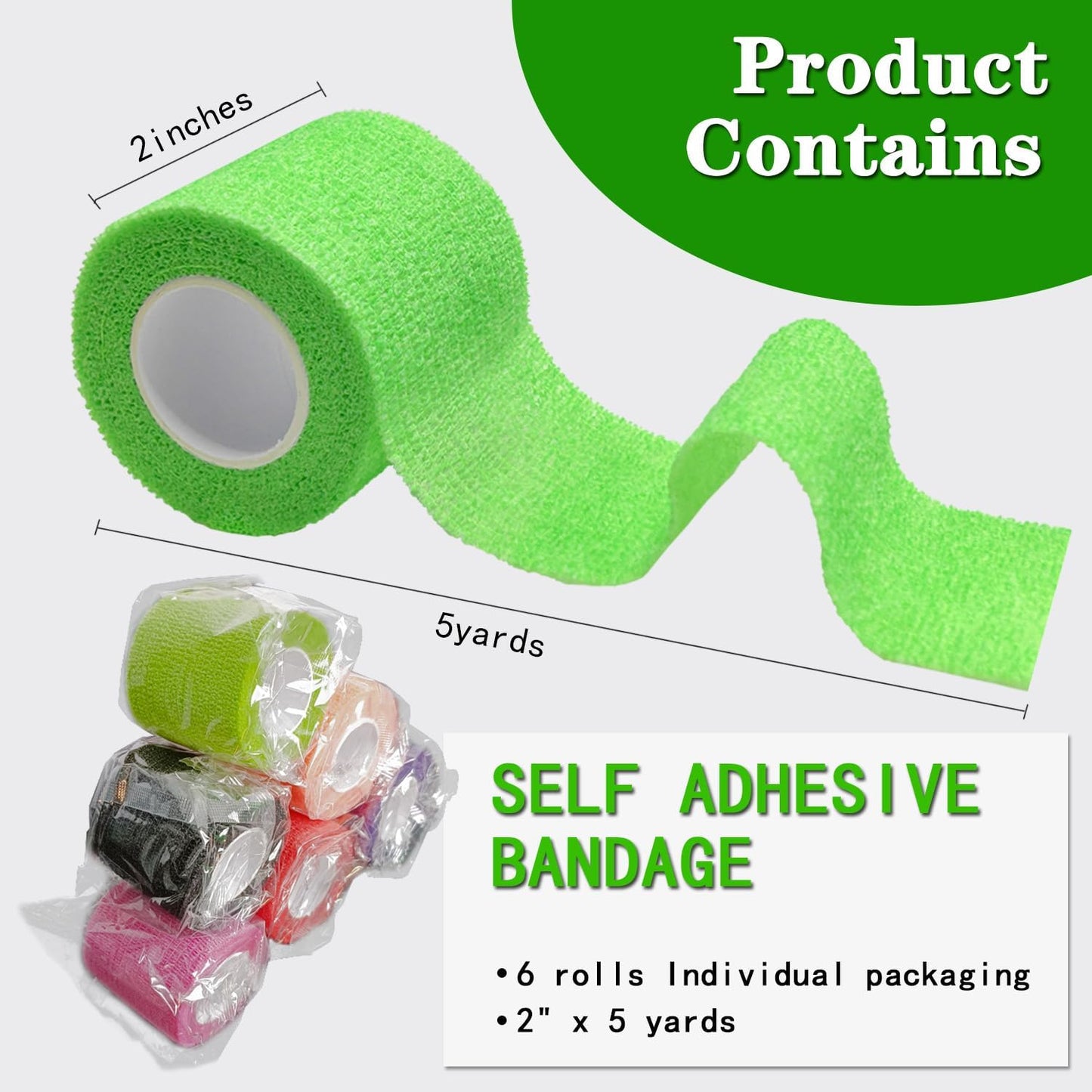 Self Adhesive Tape Wrap- 6 Rolls,Non-Woven Self Adherent Vet Wrap Tape,2in x 5Yard | Cohesive Bandage Tape for Wrist & Ankle,Elastic Grip Cover (6Colors-6ROLLS)
