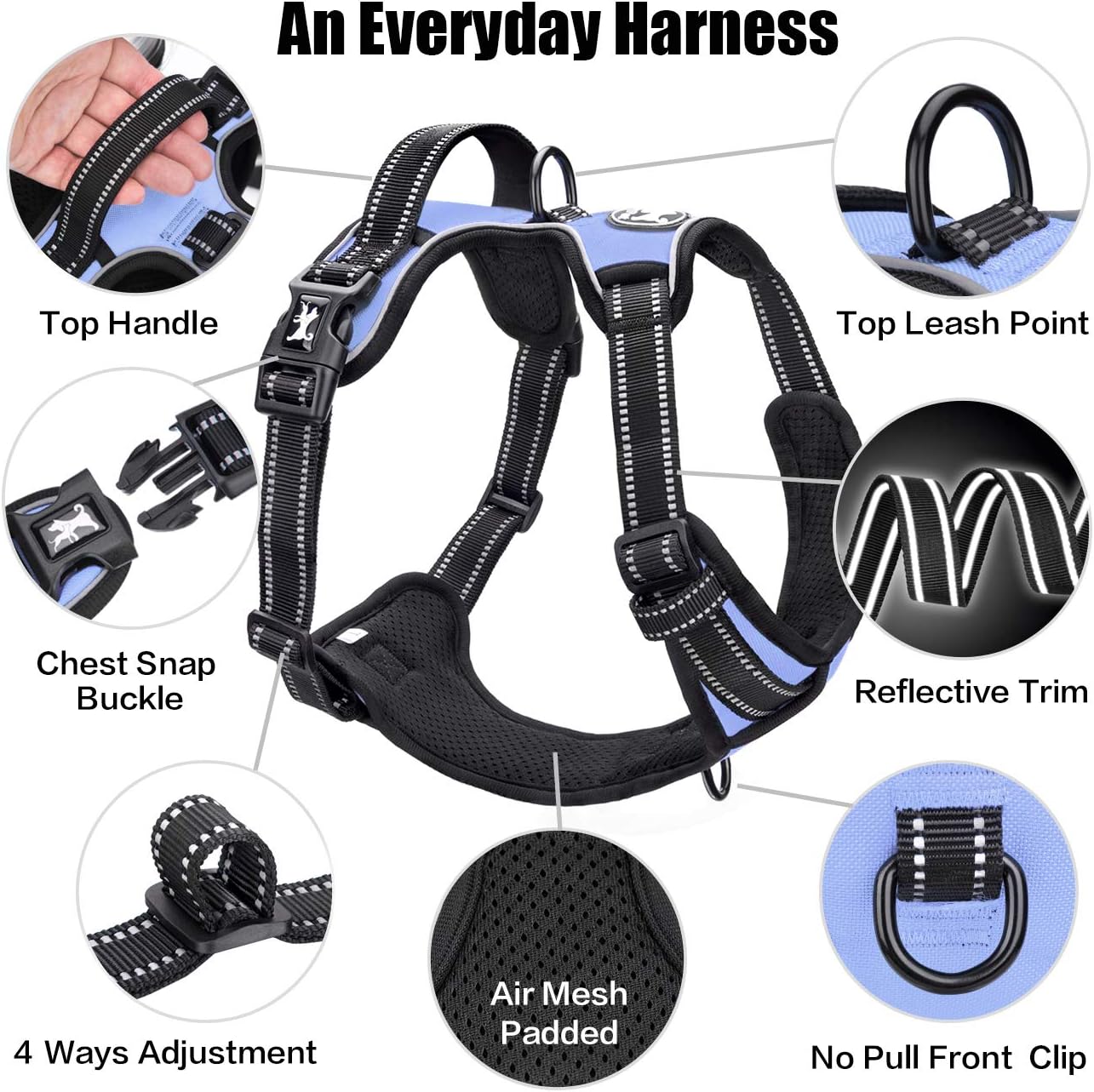 PoyPet No Pull Dog Harness, Reflective Comfortable Vest Harness with Front & Back 2 Leash Attachments and Easy Control Handle Adjustable Soft Padded Pet Vest for Small to Large Dogs (Light Blue,M)