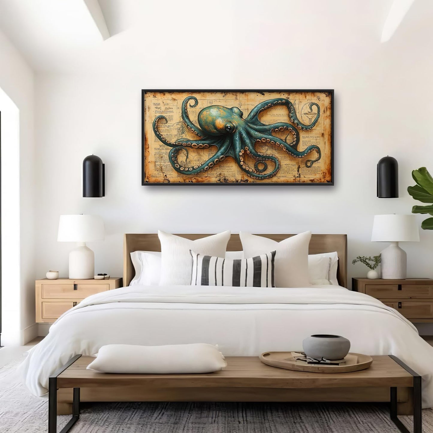 Large Octopus Nautical Wall Art for Living Room, Vintage Ocean Canvas Oversized Wall Decor, Rustic Sea Animal Framed Pictures Painting Print Artwork for Bedroom Office 60"L x 30"W