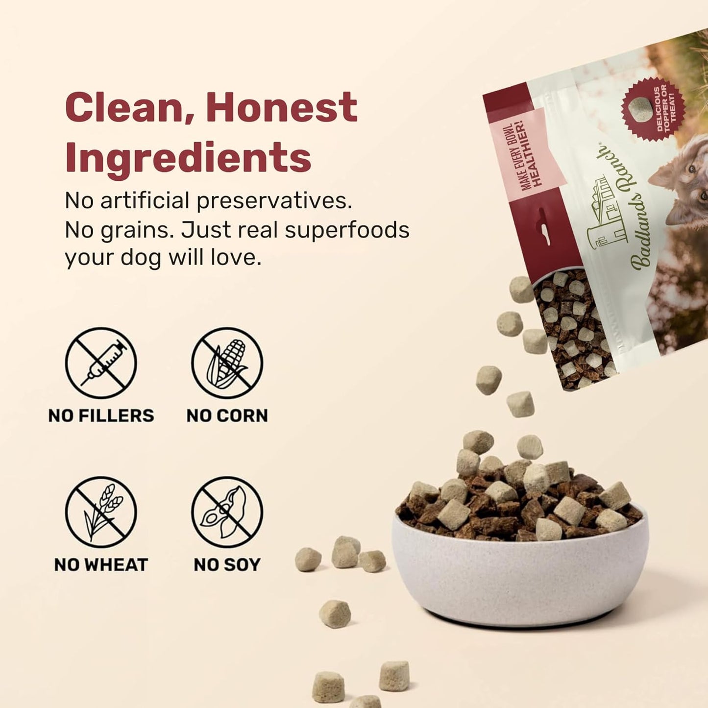 BADLANDS RANCH Superfood Nuggets – Freeze-Dried Raw Dog Food Topper/Treat. Nutrient-Dense Bison & Kale Formula. No Artificial Additives. Premium 8oz Bags – 4-Pack Bundle