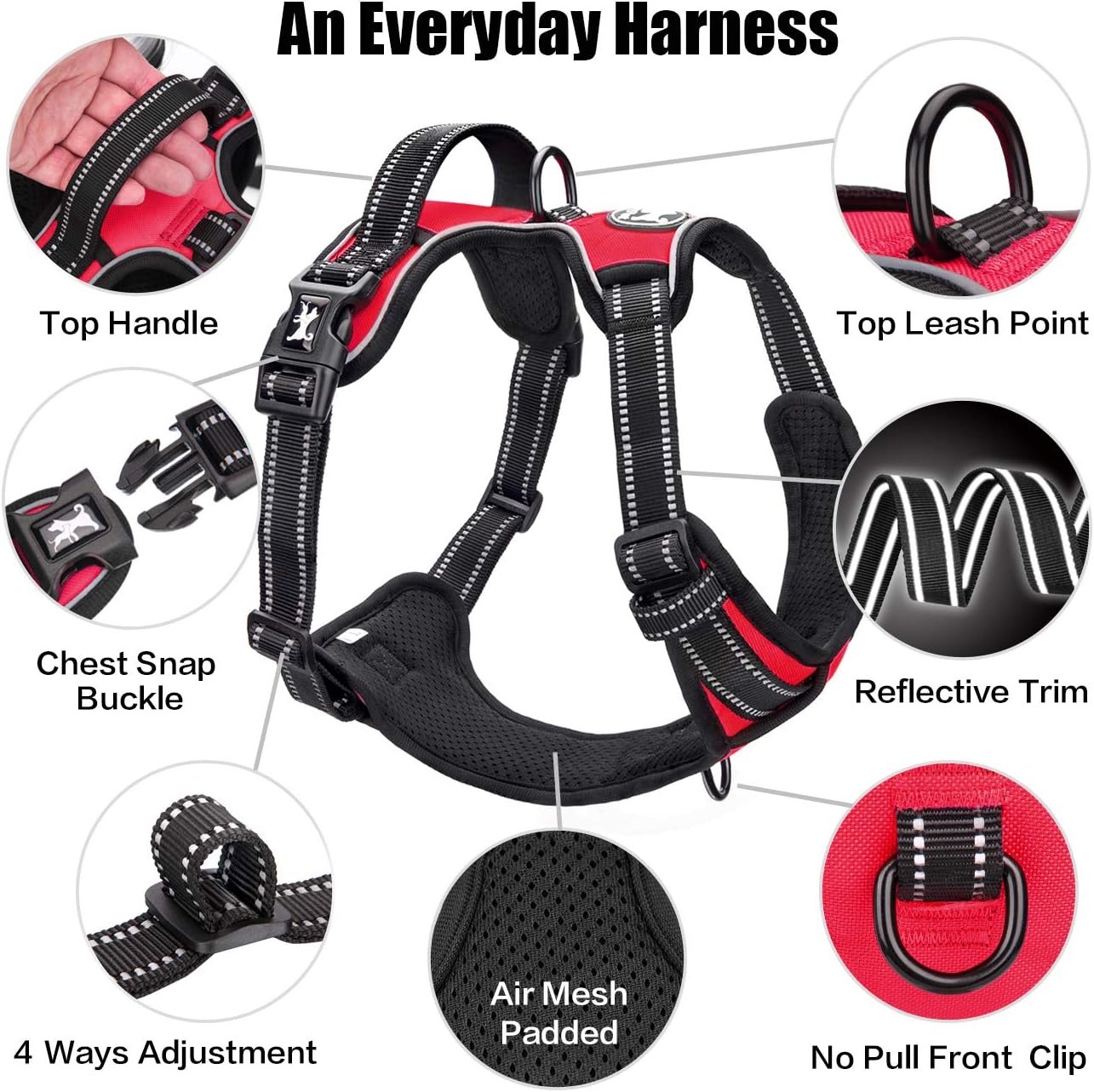 PoyPet No Pull Dog Harness, Reflective Comfortable Vest Harness with Front & Back 2 Leash Attachments and Easy Control Handle Adjustable Soft Padded Pet Vest for Small to Large Dogs (Red,S)