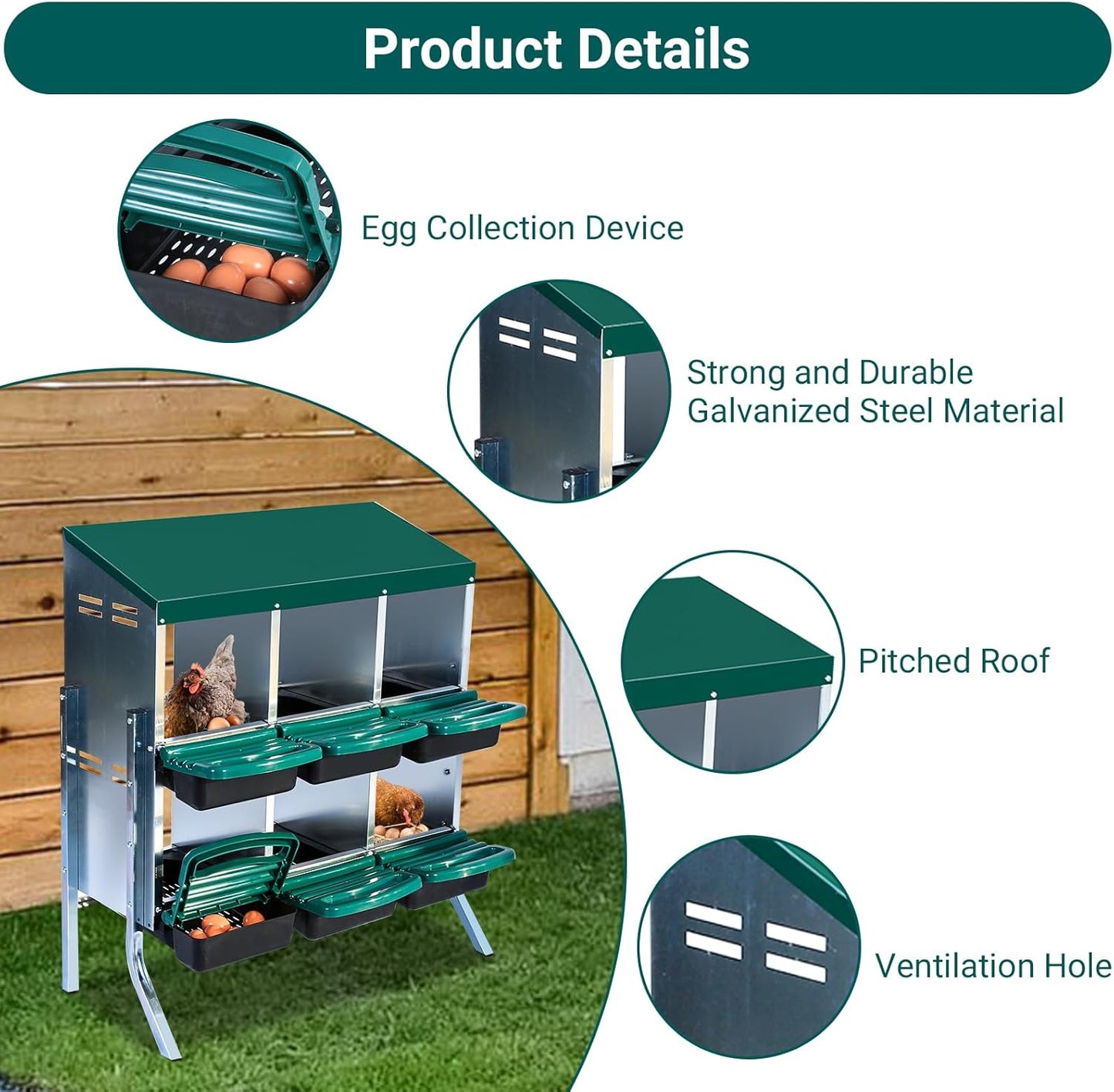 Nesting Boxes for Chickens, Chickens Laying Boxes for Chicken Coop with Legs, 6 Compartments Chicken Nesting Boxes, with Removable Tray, Easy Cleaning, for Hens Outdoor Chicken Coop Farm Yard, Green