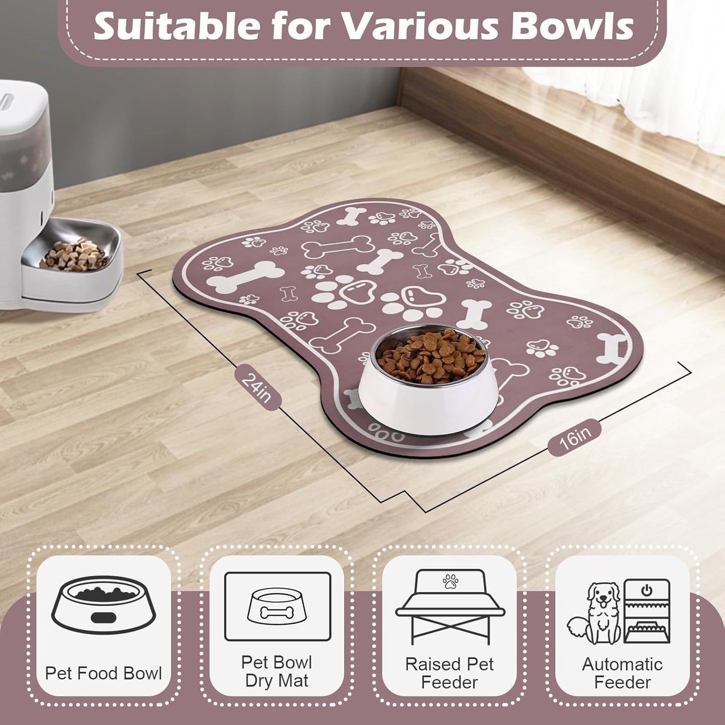 Dog Cat Mat for Food and Water,Rapid Absorbent Pet Feeding Mat, Bone Shaped Dog Placemat Bowl Mat with Rubber Backing,No Stains Pet Food Mats Indoor, Pet Accessories Supplies,Brown 16"×24"
