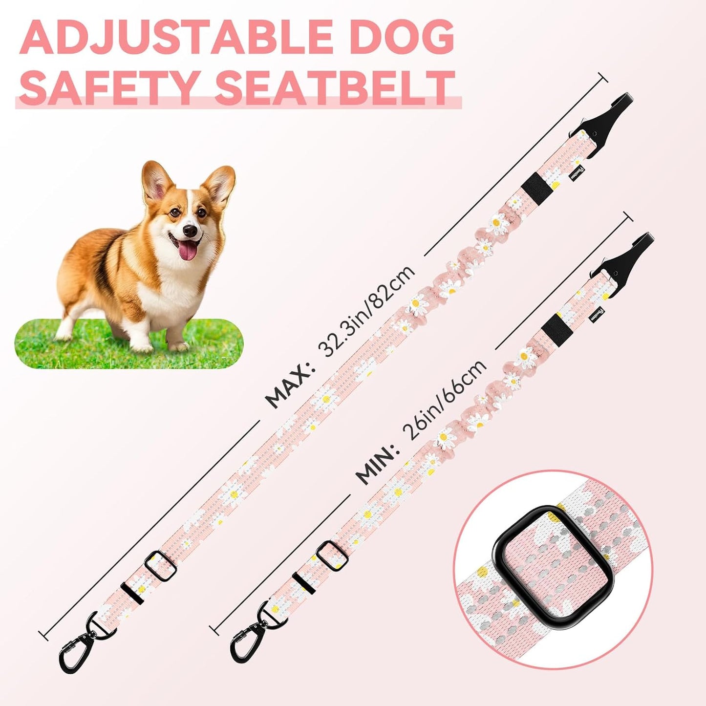 Pawaboo Dog Seatbelt for Car, 3-in-1 Dog Seat Belt Bungee, Shockproof Dogs Tether for Car with Buckle & Hook Latch, Adjustable Reflective Dogs Cars Harness Leash with 360° Lockable Buckle, Light Pink