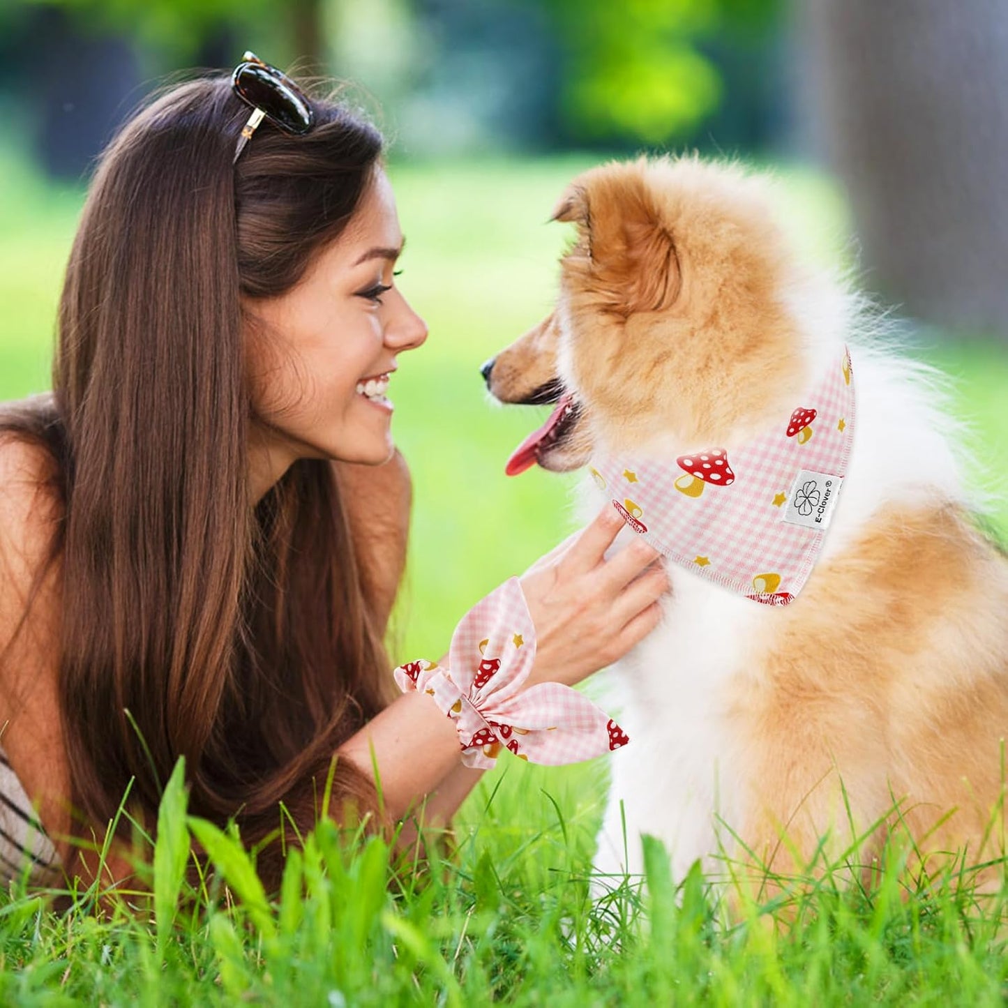 E-Clover Pink Buffalo Plaid Dog Bandanas & Matching Scrunchie Set Girl Cute Dog Scarf Bibs Pet Bandana with Bow Tie for Small Dogs Puppy Owner Mom