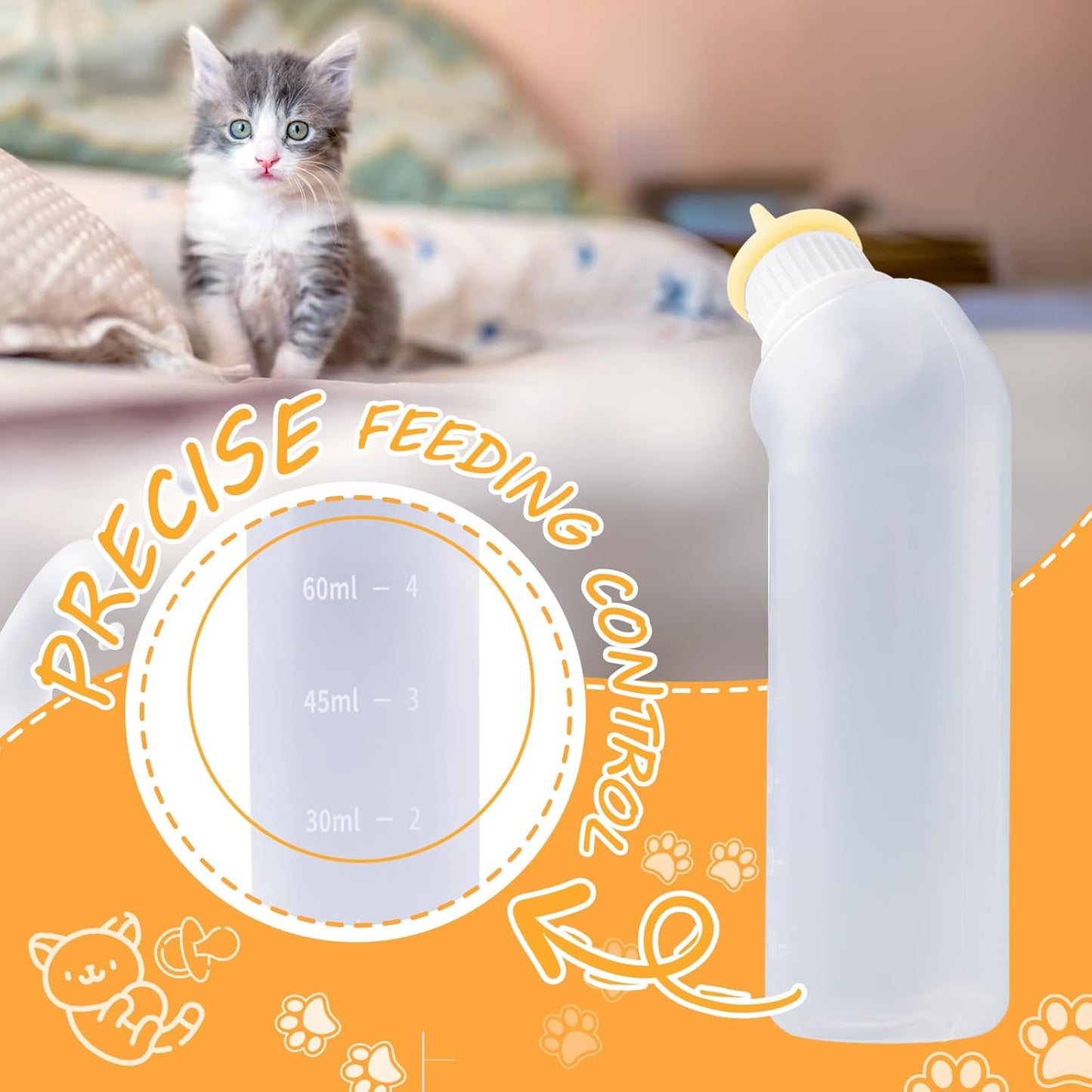 5Pack Kitten Bottle for Nursing Puppy Milk Kitten Bottles Feeding Kit Silicone Nipple for Newborn Pets Kittens, Puppy,Squirrel (Yellow)