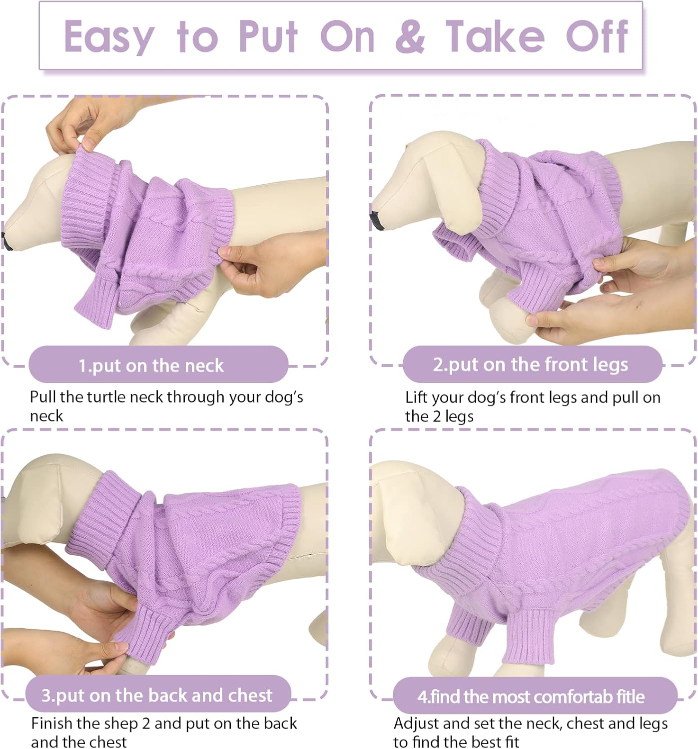 Queenmore Small Dog Pullover Sweater, Cold Weather Cable Knitwear, Classic Turtleneck Thick Warm Clothes for Chihuahua, Bulldog, Dachshund, Pug (Lilac, X-Large)